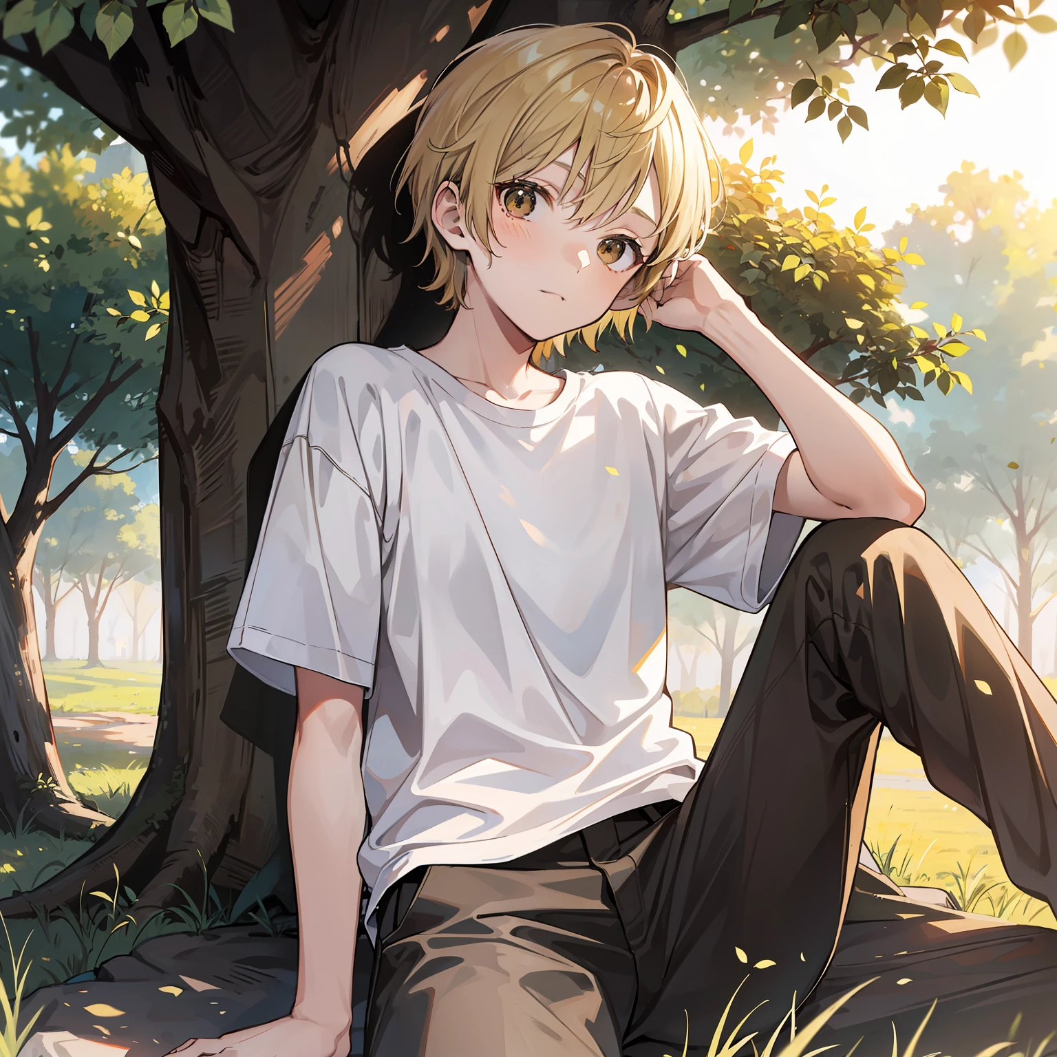 12 year old boy,Short blonde hair,Light brown eyes,Wear a white shirt,Sit under a big tree,The background is the setting sun,tmasterpiece,high high quality