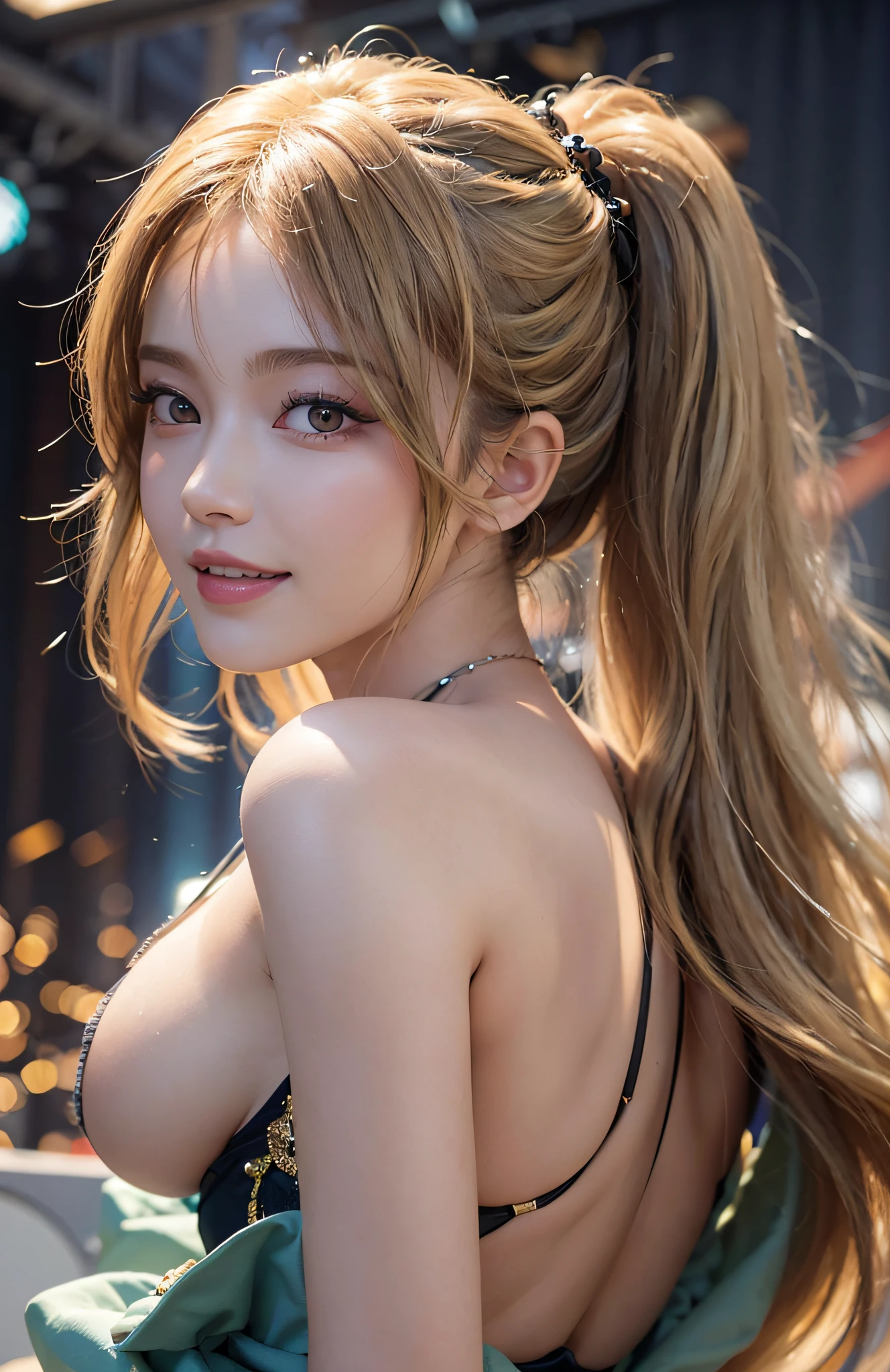 (A hyper-realistic)、(illustratio)、(high - res)、(8K)、(highly detaile)、(Best Illustration)、(beautifully detailed eyes)、(beste-Qualit)、(ultra-detailliert)、(masterpiece)、(wall-paper)、(detailed face with)、独奏、a 1 girl、fullllbody、(Burst breasts:1.5)、Complex summer clothes、Stage costumes、mini-skirts、frilld、Ren Hao、female idol、Dancing on stage、Eyes on the viewer、Detailed eyes and mouth、detailed face with、stage、lowkey、pureerosfaceace_v1、Happy smiling face、Wave blonde、Clean bangs、Beautiful teeth alignment、Blushing cheeks、from behind and be、Backshots、poneyTail