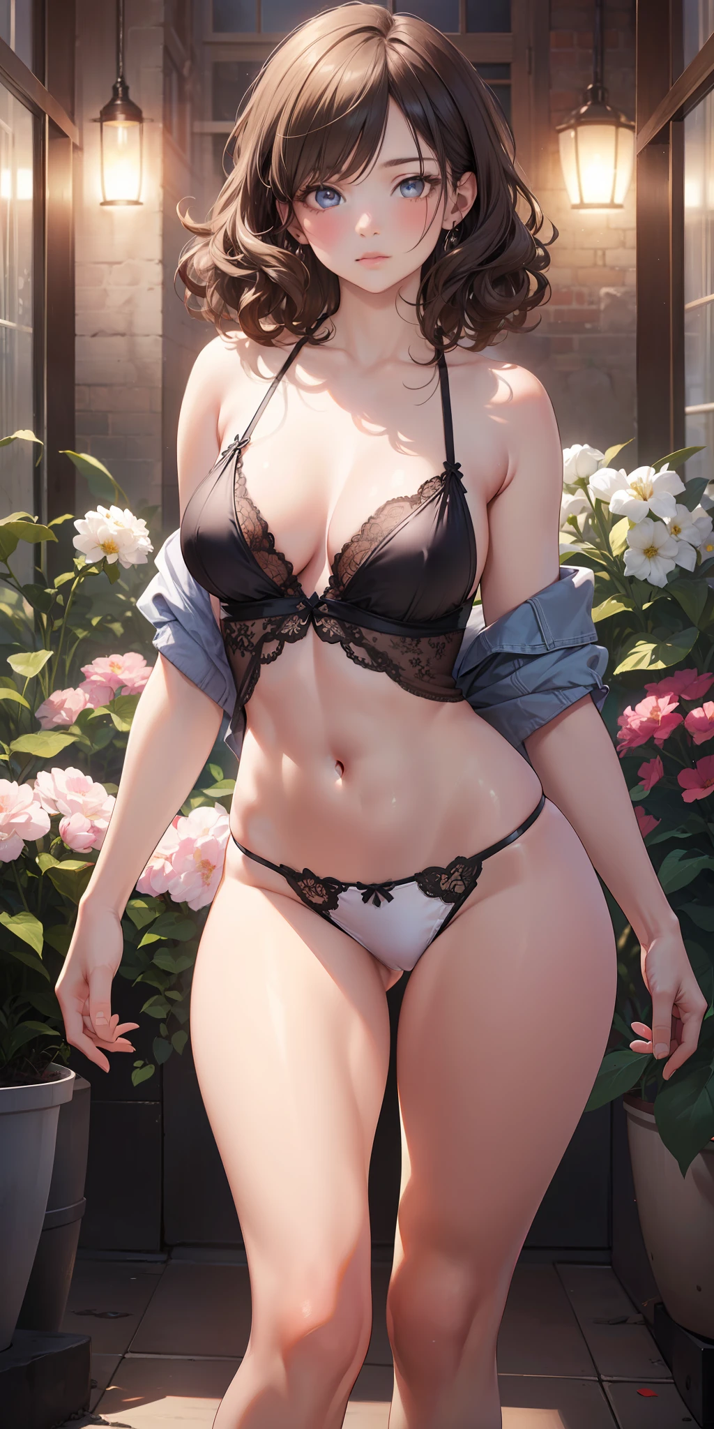 moody lighting, tranquil, calm, glow, masterpiece, best quality, 1girl, (JinxLol:1.2), (ultra photorealistic:1.3), (masterpiece:1.4), best quality, ((realistic)), high quality , ultra detailed, ((Real image)), ((realistic skin)), ((realistic face)),(illustration:1.05), (beautiful:1.05), (beautiful detailed eyes:1.05), (cinematic light:1.1 ), full body, accurate proportions, 18 year old girl, slim model standing, curly hair blowing in the wind, tulle, long thick legs, big thigh, buttocks, blush, shyness, collarbone, abs, double weave, pretty and delicate face , light skin, real skin, (face detail), pores, super high resolution, 8k, parameters Best quality, masterpiece, super high resolution, (Realistic 2.0), More details, detailed skin, white panties, straight brunette hair, perfect well-drawn eyes, girlfriend, pretty, pretty, flowers, studio lighting