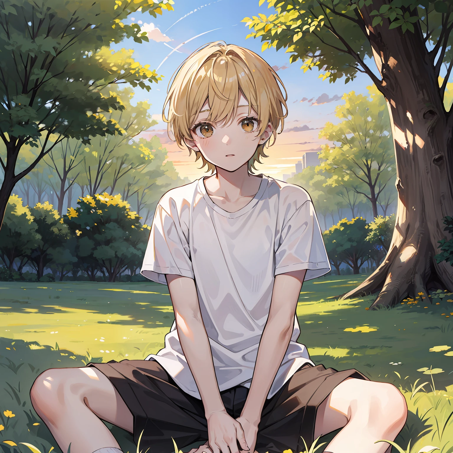 boy,Short blonde hair,Light brown eyes,Wear a white shirt,Sit under a big tree,The background is the setting sun,tmasterpiece,high high quality