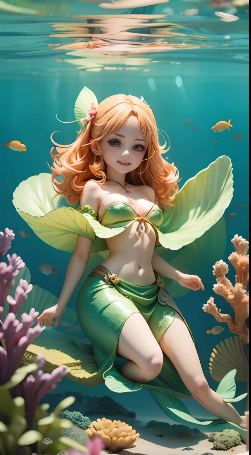 Mermaids playing at the bottom of the sea，Orange head color，Childhood，ssmile，Young，airbubble，A plant，A little coral，simplebackground，Gradient color，Translucent，k hd，Fine quality，optimum,The ultra -The high-definition, Super detail, 巨作, ccurate, High details, High quality, A high resolution, HD, 8K