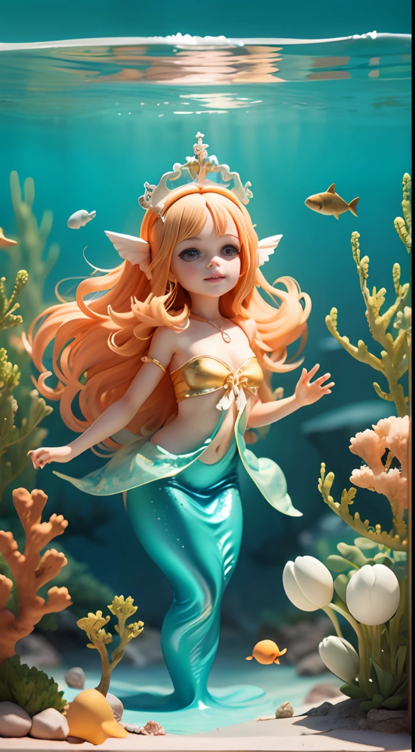 Mermaids playing at the bottom of the sea，Orange head color，Childhood，ssmile，Young，airbubble，A plant，A little coral，simplebackground，Gradient color，Translucent，k hd，Fine quality，optimum,The ultra -The high-definition, Super detail, 巨作, ccurate, High details, High quality, A high resolution, HD, 8K