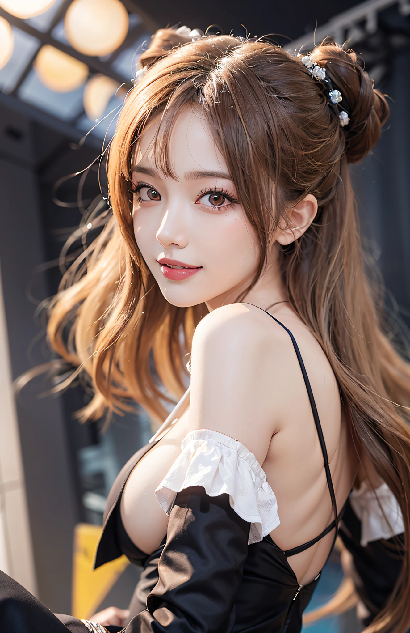 (A hyper-realistic)、(illustratio)、(high - res)、(8K)、(highly detaile)、(Best Illustration)、(beautifully detailed eyes)、(beste-Qualit)、(ultra-detailliert)、(​masterpiece)、(wall-paper）、（detailed face with）、独奏、a 1 girl、fullllbody、(Burst breasts:1.5)、Complex summer clothes、Stage costumes、mini-skirts、frilld、Ren Hao、female idol、Dancing on stage、Eyes on the viewer、Detailed eyes and mouth、detailed face with、stage、lowkey、pureerosfaceace_v1、Happy smiling face、Wave blonde、Clean bangs、Beautiful teeth alignment、Blushing cheeks、from behind and be、Backshots、poneyTail