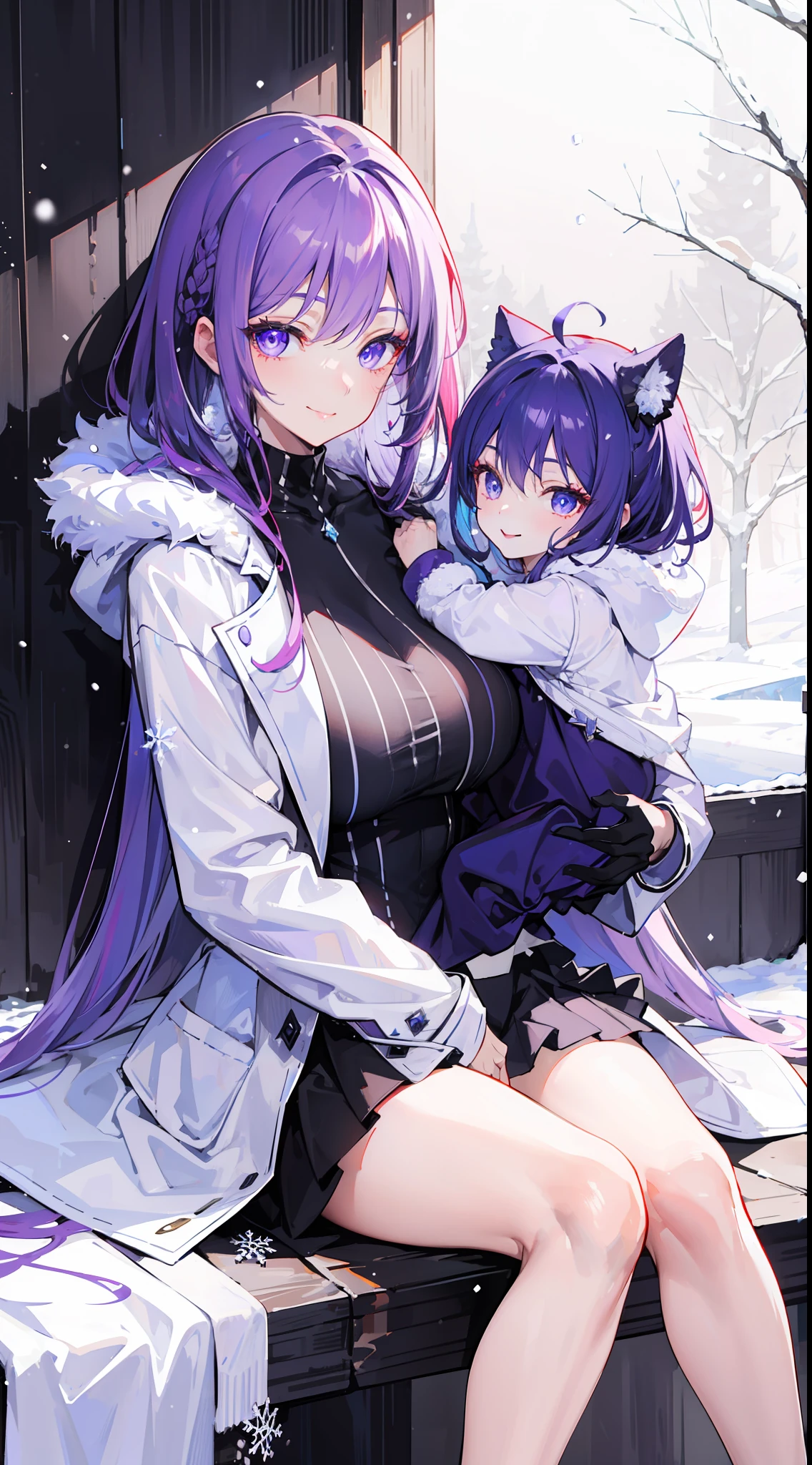 "Epic morning snowing atmosphere, stunning 4k artwork featuring a confident milf long flowing vibrant light-purple hair. Her eyes glowing purple. She sitting with smile, and she have powerful mommy aura and wear white snow coat"
