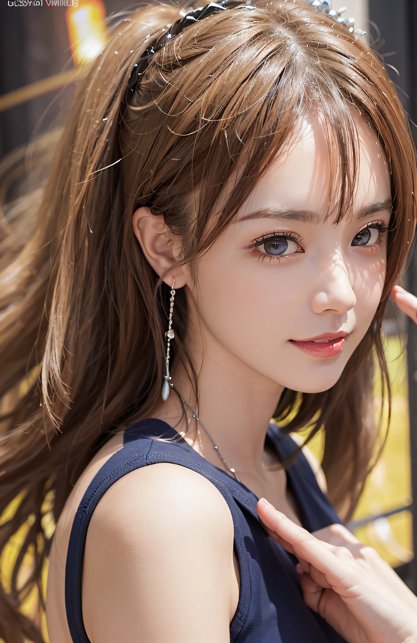 (A hyper-realistic)、(illustratio)、(high - res)、(8K)、(highly detaile)、(Best Illustration)、(beautifully detailed eyes)、(beste-Qualit)、(ultra-detailliert)、(masterpiece)、(wall-paper)、(detailed face with)、独奏、a 1 girl、fullllbody、(Burst breasts:1.5)、Complex summer clothes、Stage costumes、mini-skirts、frilld、Ren Hao、female idol、Dancing on stage、Eyes on the viewer、Detailed eyes and mouth、detailed face with、stage、lowkey、pureerosfaceace_v1、Happy smiling face、Wave blonde、Clean bangs、Beautiful teeth alignment、Blushing cheeks、from behind and be、Backshots、poneyTail