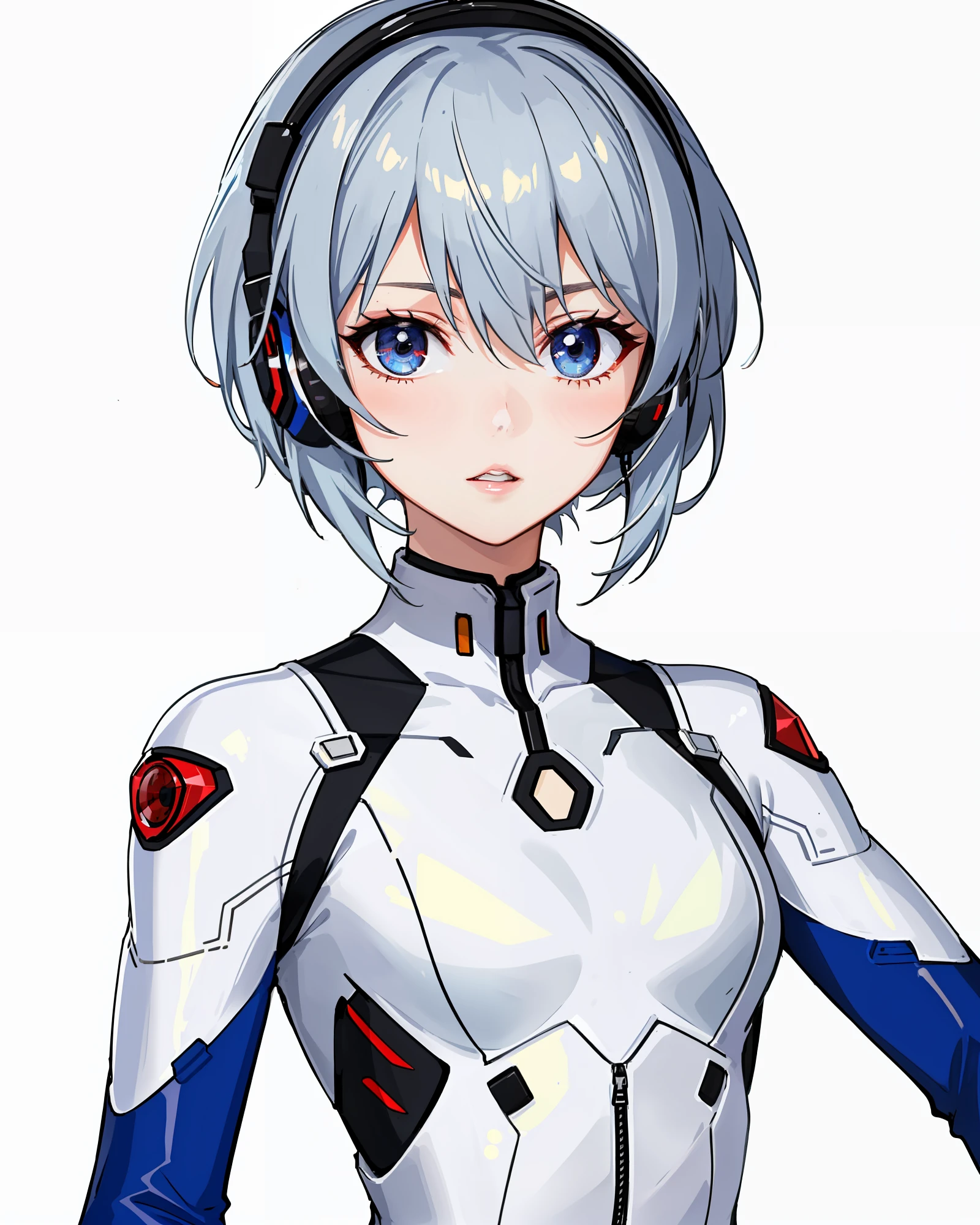 best quality,highly detailed,masterpiece,ultra-detailed,solo,1girl,(white background:1.5),(Delicate eyes),1girl, plugsuit, ayanami_rei, ????????, white_????????, red_eyes, solo, simple_background, white_background, pilot_suit, short_hair, blue_hair, bangs, interface_headset, turtleneck, hair_between_eyes, skinny, parted_lips, looking_at_viewer, small_???????, upper_body