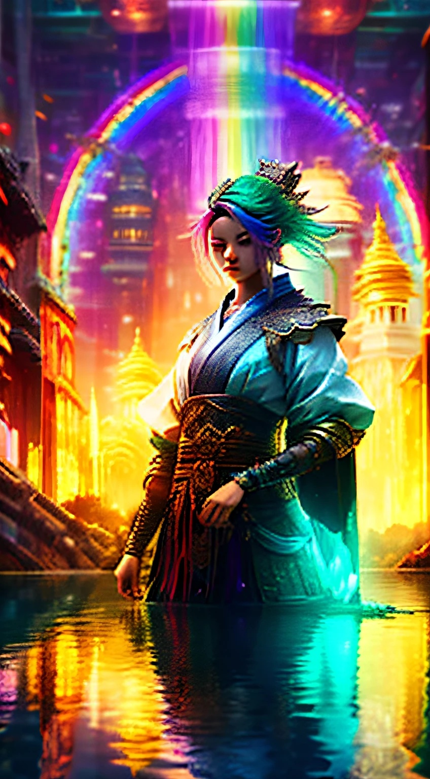 yuumei, high quality, high resolution, extreme detail, masterpiece, one girl, rainbow colored hair, standing in a lake