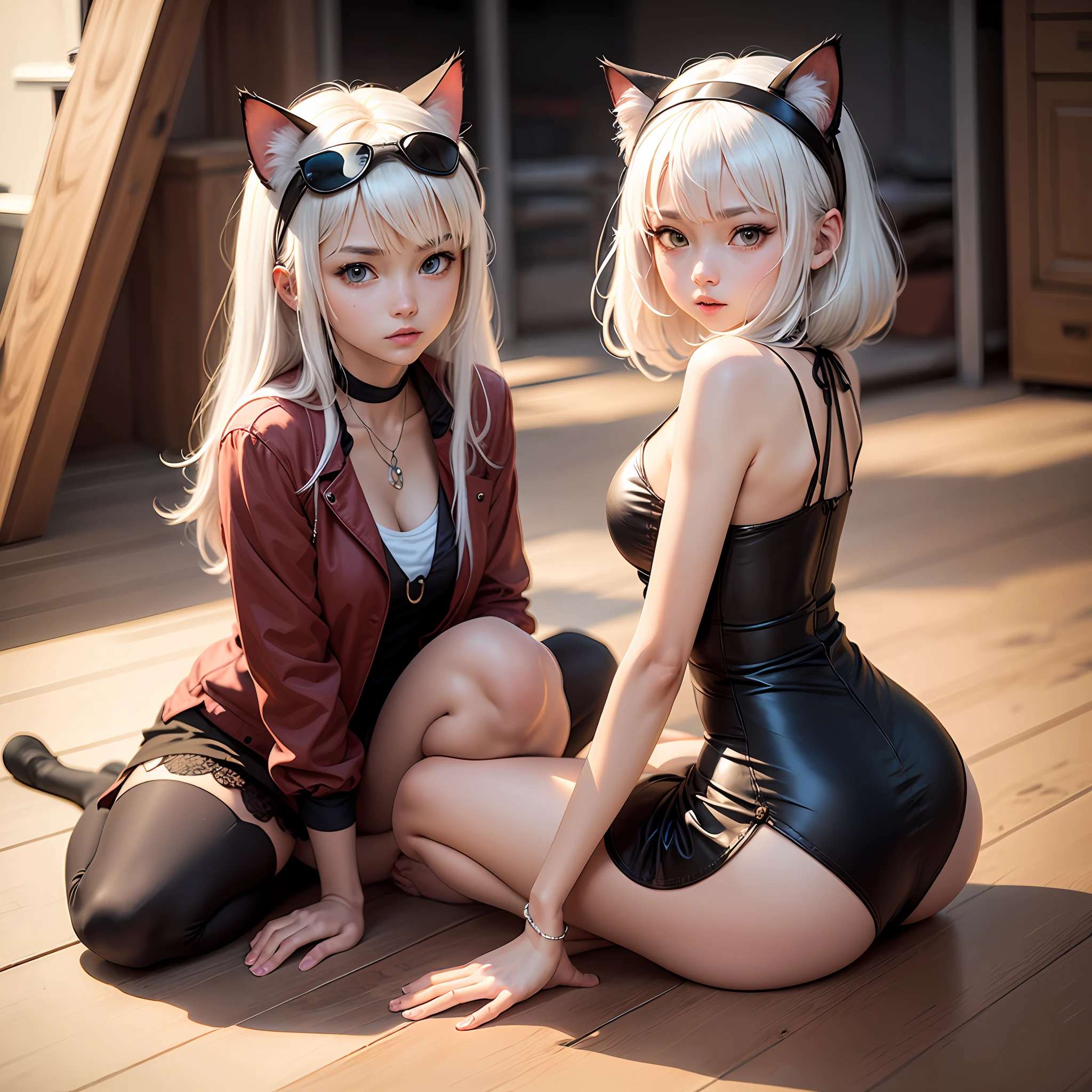 There was a woman sitting on the floor,Wearing a cat headband,top quality photo,style anime,as an anime character,style of anime,her hair is white --auto