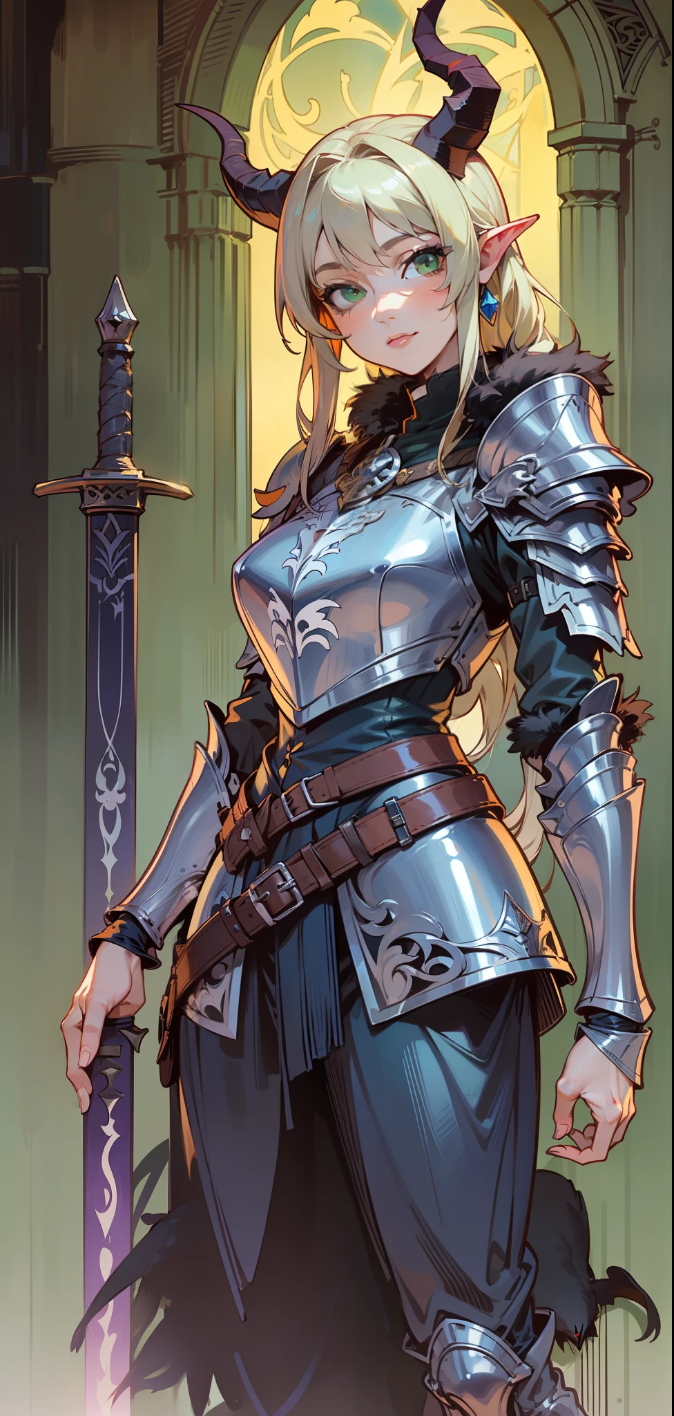 Best quality, masterpiece, ultra high res, (photorealistic:1.4), raw photo, 1girl, offshoulder, in the dark, deep shadow, low key, cold light, green eyes, ((horns)), very long hair, bangs, leather fantasy clothes, demon, big bust, cute face, full body, medieval , (((full body))), silver details, medieval clothes, detailed face, boots, (((magic sword))), shield, belt, bracelets, (((shoulder armor))), elegant, (((furr))), (((crow))), braided hair, silver ornaments, (((perfect face))), blonde hair, masterpiece, long legs