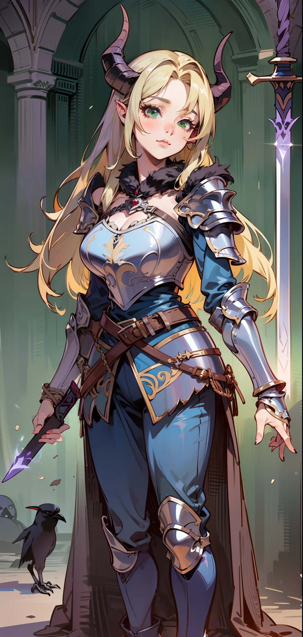 Best quality, masterpiece, ultra high res, (photorealistic:1.4), raw photo, 1girl, offshoulder, in the dark, deep shadow, low key, cold light, green eyes, ((horns)), very long hair, bangs, leather fantasy clothes, demon, big bust, cute face, full body, medieval , (((full body))), silver details, medieval clothes, detailed face, boots, (((magic sword))), shield, belt, bracelets, (((shoulder armor))), elegant, (((furr))), (((crow))), braided hair, silver ornaments, (((perfect face))), blonde hair, masterpiece, long legs