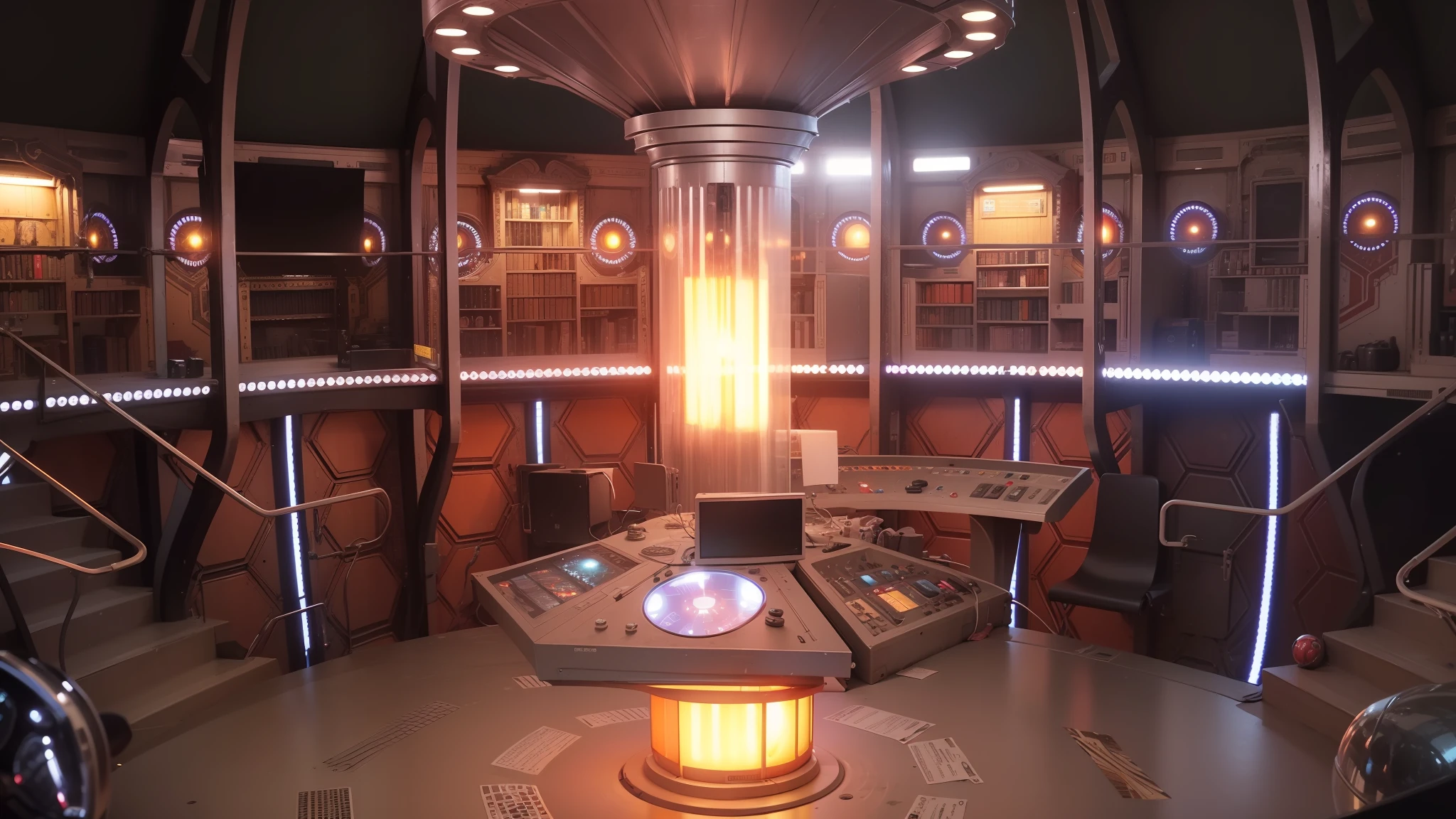 There are many buttons，The buttons are on three faces，One of the faces has a tie rod，The button color is mostly gray，A small part is red，There are no other colors，Doctor Who Tardis' console，Console，Spaceship console，The painting style is realistic，The painting style is real，super high image quality