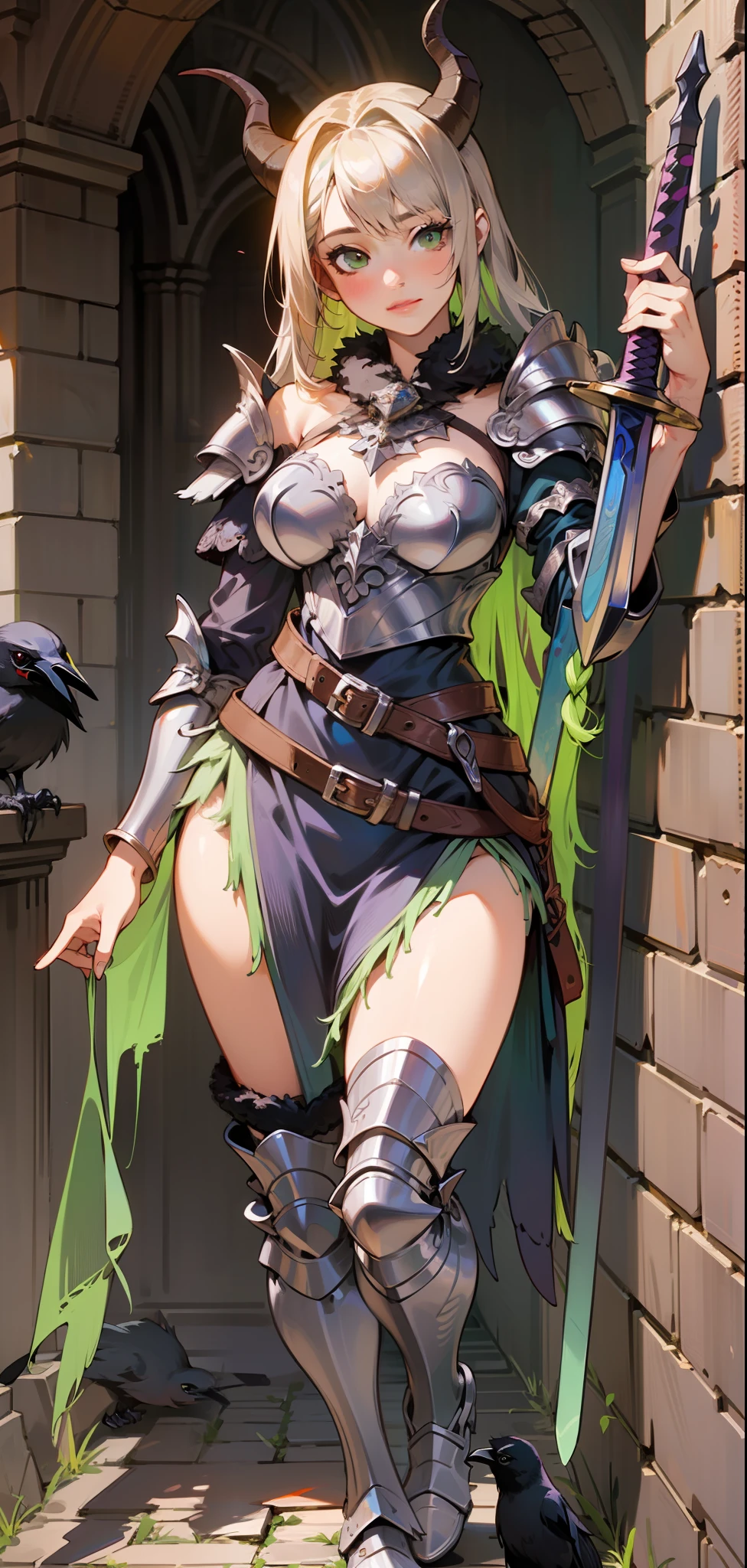 Best quality, masterpiece, ultra high res, (photorealistic:1.4), raw photo, 1girl, offshoulder, in the dark, deep shadow, low key, cold light, green eyes, ((horns)), very long hair, bangs, leather fantasy clothes, demon, big bust, cute face, full body, medieval , (((full body))), silver details, medieval clothes, detailed face, boots, (((magic sword))), shield, belt, bracelets, (((shoulder armor))), elegant, (((furr))), (((crow))), braided hair, silver ornaments, (((perfect face))), blonde hair, masterpiece, long legs