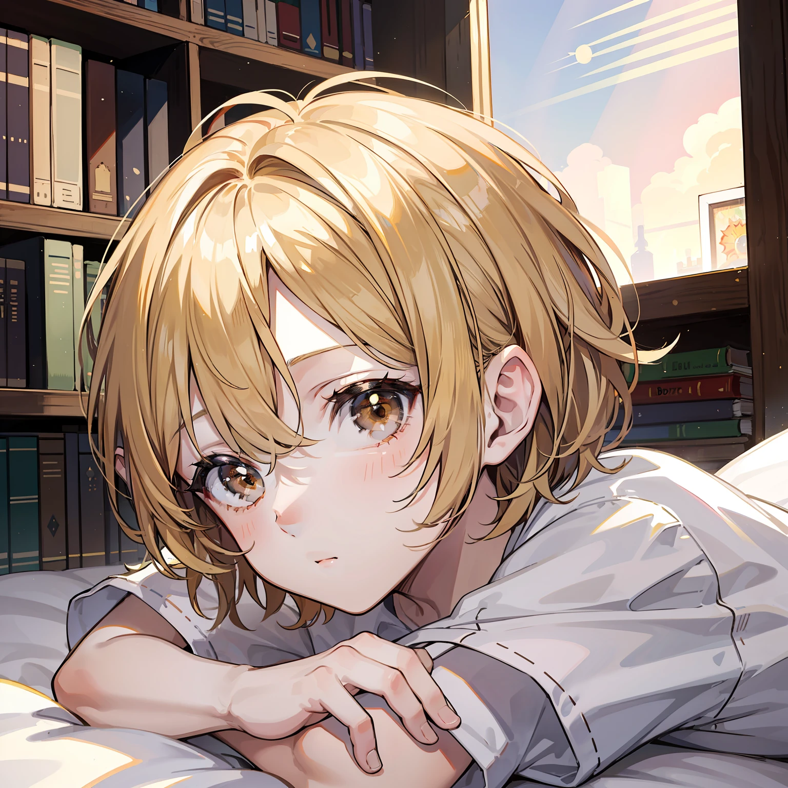 12 year old boy(Relaxed、sun beam、Kind),Short blonde hair,Light brown eyes,White T-shirt,libraryai,full bodyesbian,tmasterpiece,high high quality