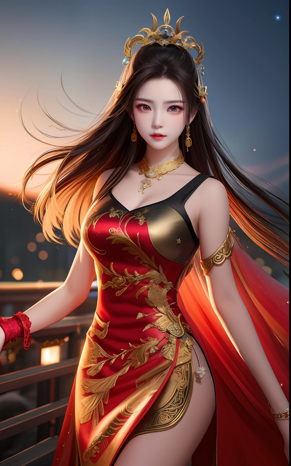 The goddess of war rode Zhu Wei，Dressed in gorgeous battle robes，long hair flowing，with a determined look in his eyes。She held a long sword shining with divine light，Show her strength and courage。Zhu Wei is a huge and mighty divine beast，It has blazing red scales and spectacular wings。The whole picture，The starry sky shimmers with a mysterious light，It gives a sense of grandeur and sacredness。