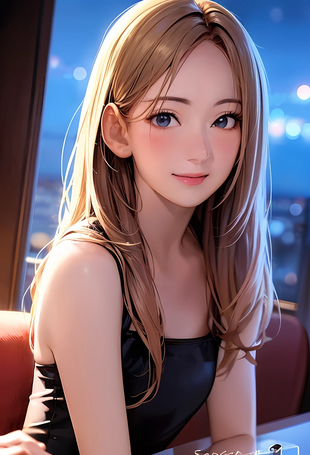 (8k, top quality, masterpiece: 1.2), (realistic, photorealistic: 1.37), super detailed, girl single, cute, solo, midnight, beautiful detailed sky, detailed café, sitting, date, (blush), (smile: 1.15), small breasts (mouth closed), beautiful fine eyes, floating hair NovaFrogStyle, back open dress
