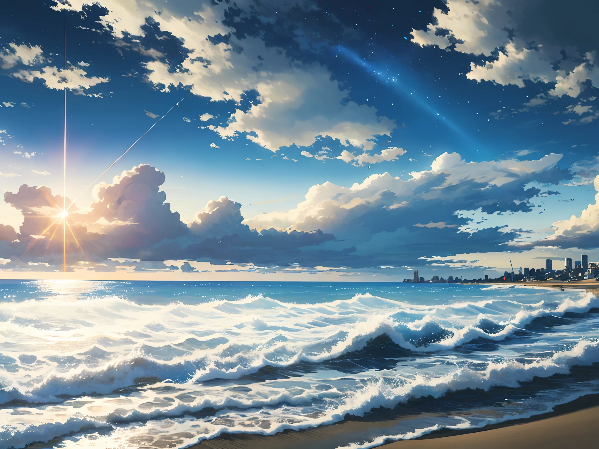 The vast sky, beautiful skyline, large beach, the high-hanging Polaris, and colorful natural light, no human, no peoples