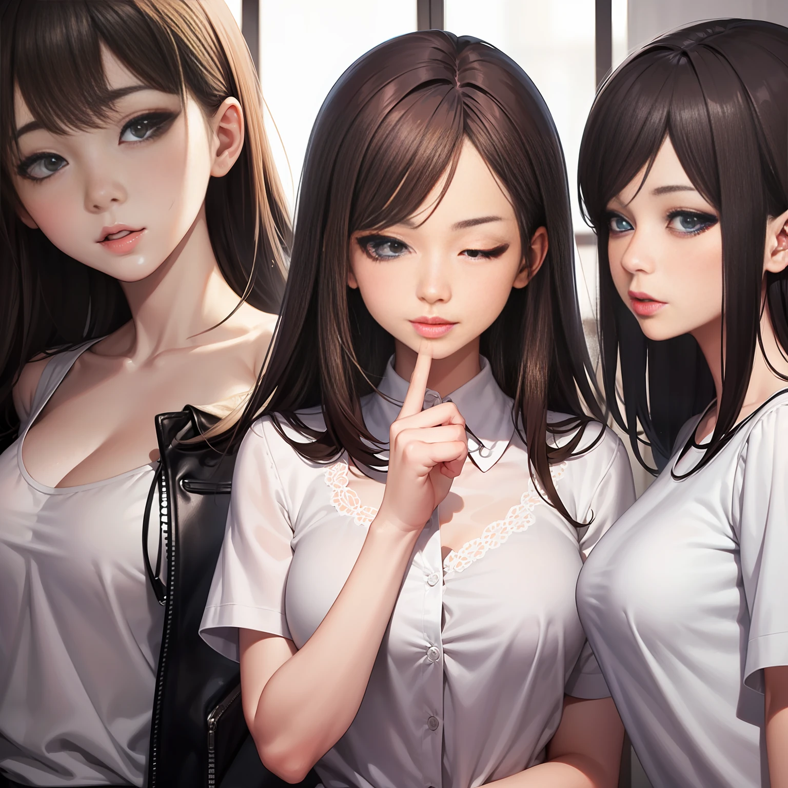 （Top  Quality，4K，tmasterpiece：1.3），Pretty women，super reality，2 girls，（Attractive slim body：1.2），dark brown  hair：1.1，Super detailed face，Detailed lips，Detailed eyes，双眼皮，in blouse wearing，to emphasize，Yawn with eyes closed，side pose，visible curves， fully body photo