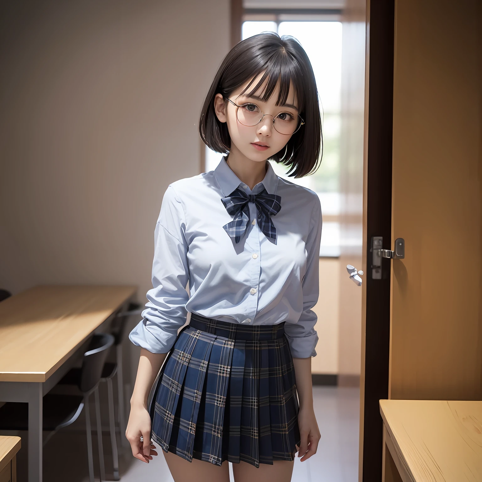 (8K、Raw photography、beste-Qualit、masterpiece:1.2)masterpiece,beste-Qualit、Super-High Resolution,Raw photo,ren,Beautiful fece,shorth hair,One person, 独奏,eye glass,,Dark look,Small breasts,fullllbody,Round glasses、cute little、japanese lady,is standing,Hard-eyed,skinny,Rasping,irate,small tits,flat breast(photorealisitc:1.37)、Photon mapping,Light blue ribbon,Realistic、Cute little face,Brown-eyed、Black socks、Red bow tie、Radio City、Physically Based Rendering、Foreground、depth of fields、Blurry background、The photograph,The girls、Body, Long legs, Thin leg, bob cuts,(Bangs are visible), Hair_ornament detached, s lips, Blue_The eye, nosesoft, Light blue shirt, Navy blue and white plaid pleated skirt, Sheer clothing,, Thigh, Black cotton socks,Nogizaka Idol, 女優, Japan idol