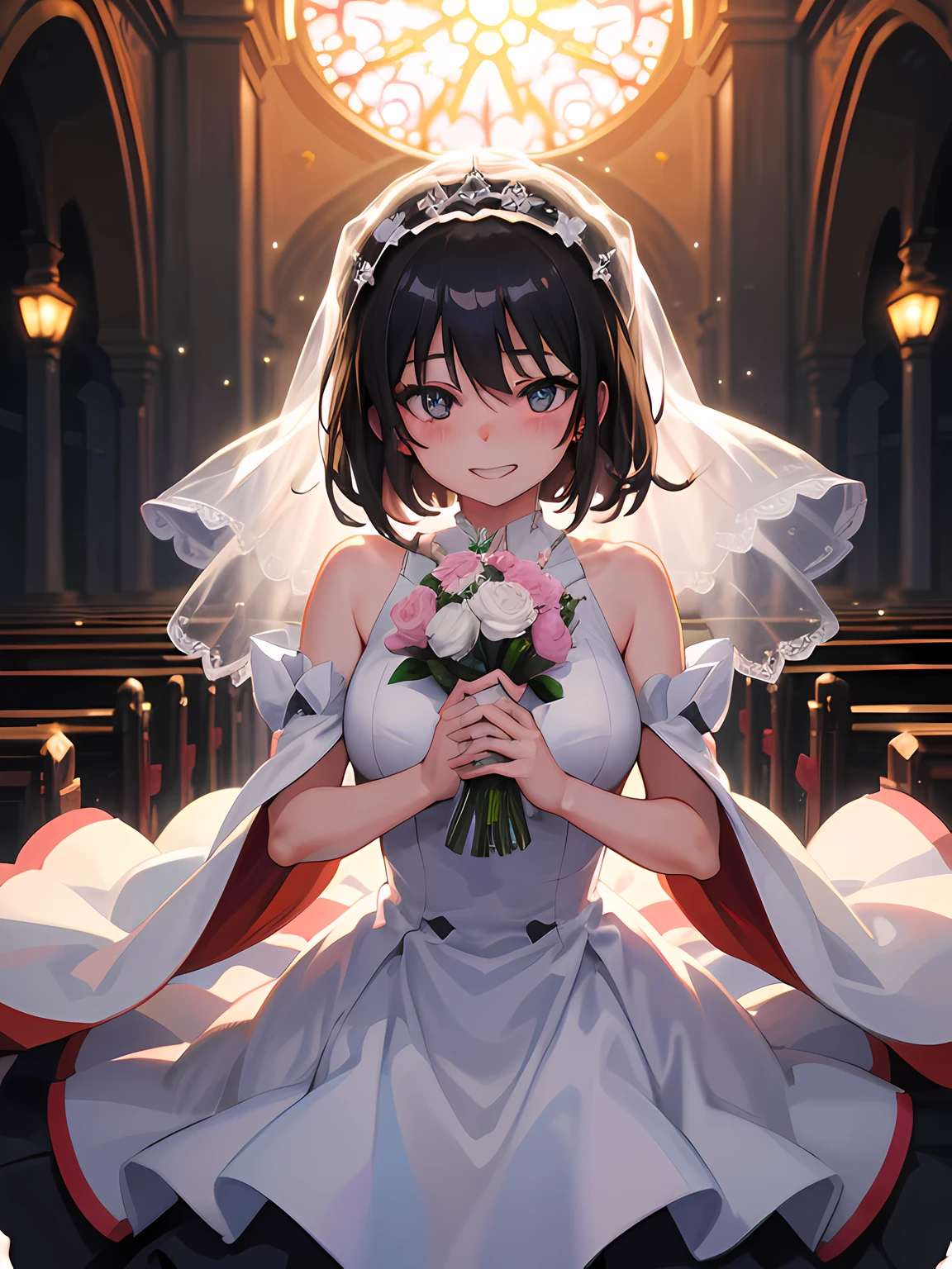 ((masutepiece)), ((Best quality)), (Ultra-detailed), ((kawaii)), Cute, (lovly), ((Sexy)), (Ero), ((Extremely detailed)), 4K, (8K), Best quality, (Beautiful), Illustration, Anime style, Painting, Dynamic Angle, Full body, Upper body, Gradation, full body focus, inside a church, Cute little girl s, 1girl in, Solo, bride, June bride, Beautiful black hair, Beautiful black eyes, ((Beautiful eyes)), White-skinned, Short hair, large full breasts, Hold one flower bouquet with both hands, grin, tornwing, blush, sparkling effect, Glitter Effect, Lens Flare, shiny-glistening, gleaming