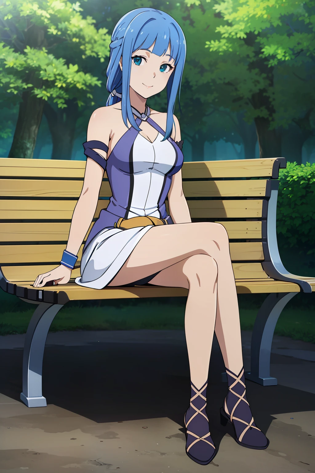((masterpiece)),((highres)),((best quality)),((highly detailed)),((extremely detailed CG unity 8k wallpaper)),illustration,Artemis,medium breasts,smile,facing viewer,sunlight,park,solo,park bench,sitting,