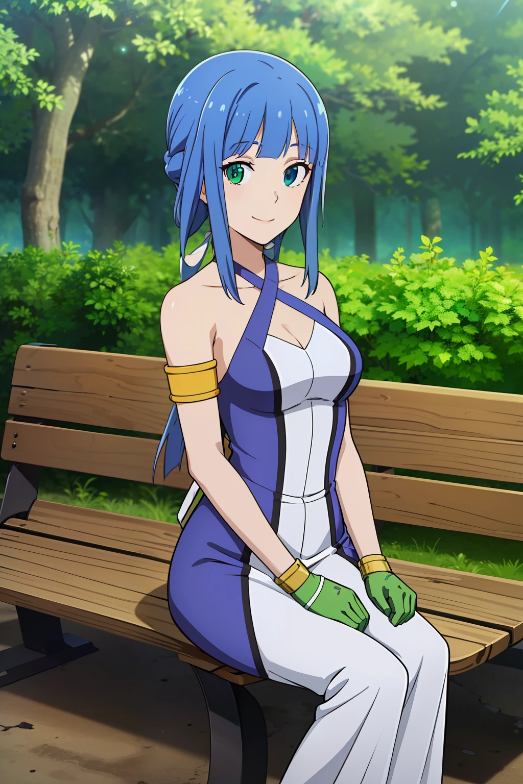 ((masterpiece)),((highres)),((best quality)),((highly detailed)),((extremely detailed CG unity 8k wallpaper)),illustration,Artemis,medium breasts,smile,facing viewer,sunlight,park,solo,park bench,sitting,