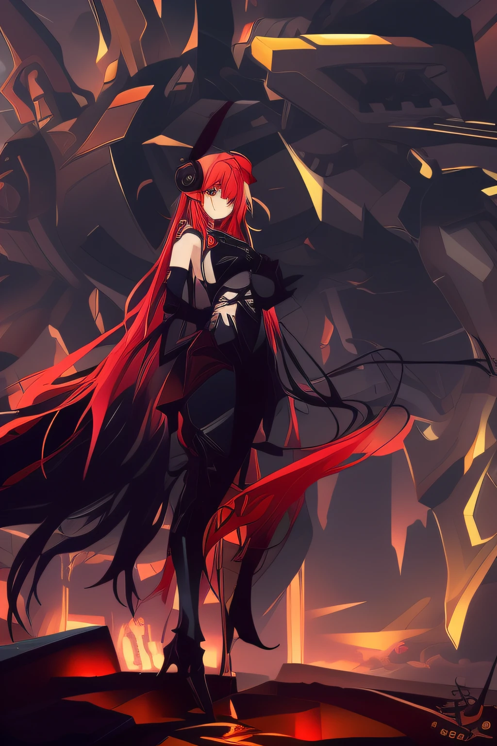 anime girl with red hair and black outfit standing in front of a giant robot, rias gremory, From the night of the ark, Kushatt Krenz Key Art Women, lillis, demon anime girl, arknights, girls frontline universe, trending on artstation pixiv, from girls frontline, gothic maiden anime girl, Official artwork, dark demonic dancer