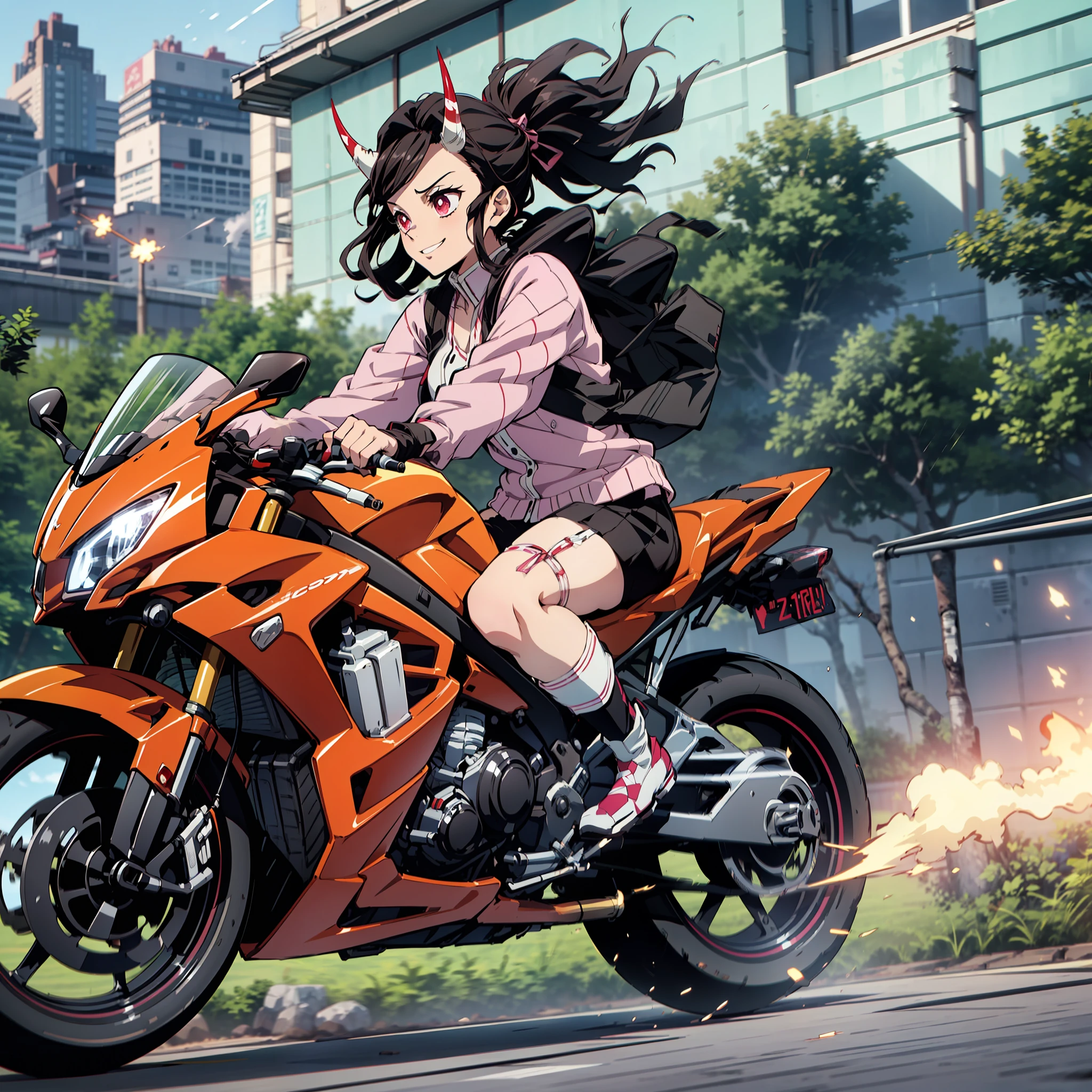 (masterpiece, best quality:1.2), kimetsu no yaiba style, kamado nezuko, (1girl, solo), 20years old, full body, (black and pink rider suit), (red demon horns, red eyes), evil smile, BREAK (driving motorcycle on the city with high speed, keep wheelie, yhmotorbike), (slow motion:1.3), (Motion blur:1.3), (speed lines:1.4), sense of speed, sparks and smoke coming out of tires