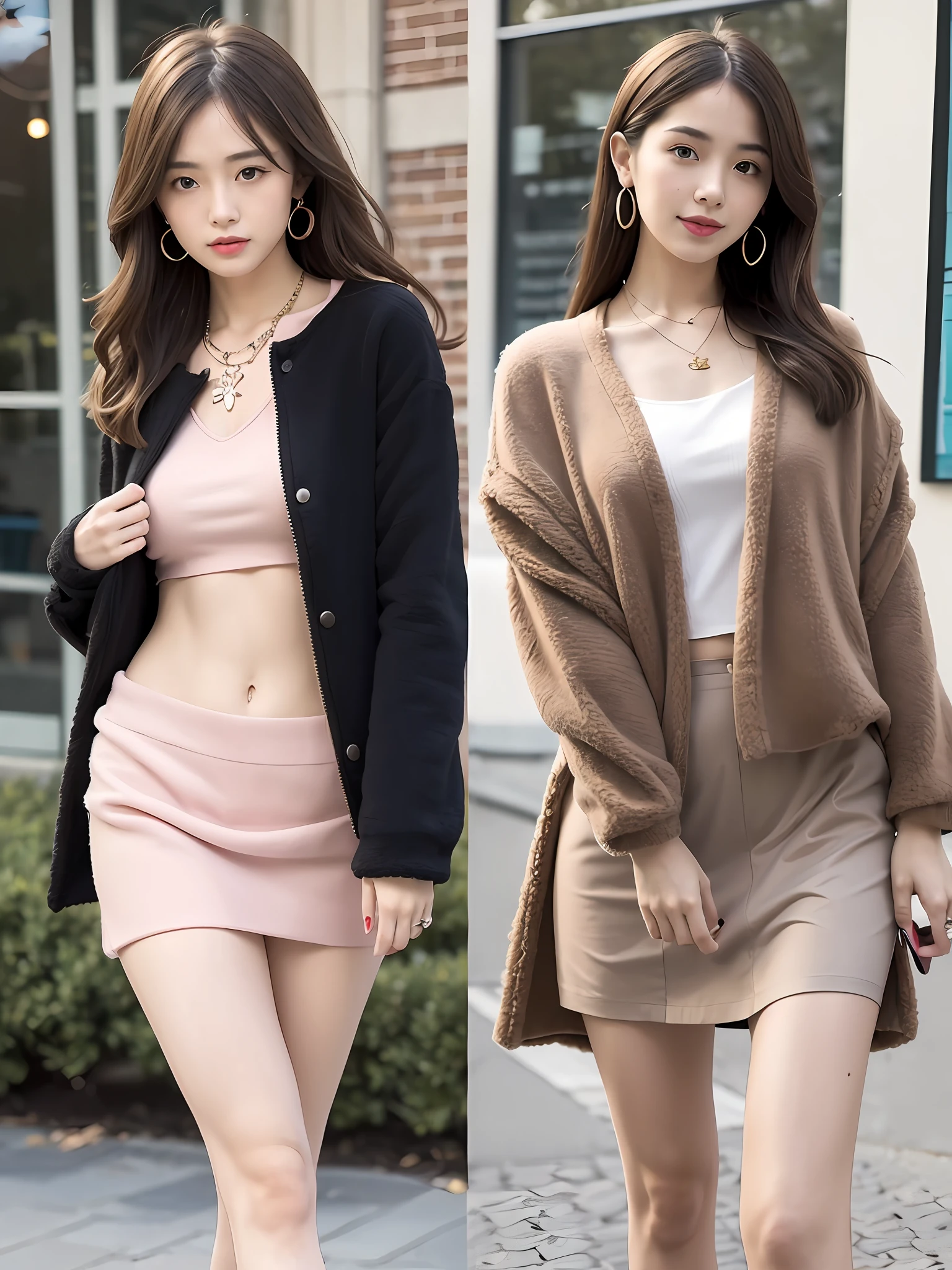 1girl walking on the garden, mix4, solo, tight crop top, (black crop top:1.1), fur trimmed jacket, (brown jacket:1.2), mini skirt, armpit, realistic, necklace, earrings, solo, holding a women bag, handbag,(masterpiece),(photorealistic:1.3), ultra-detailed, (high detailed skin:1.2),(best quality:1.0), (ultra highres:1.0), long hair, blush, (soft glow bloom:0.5)