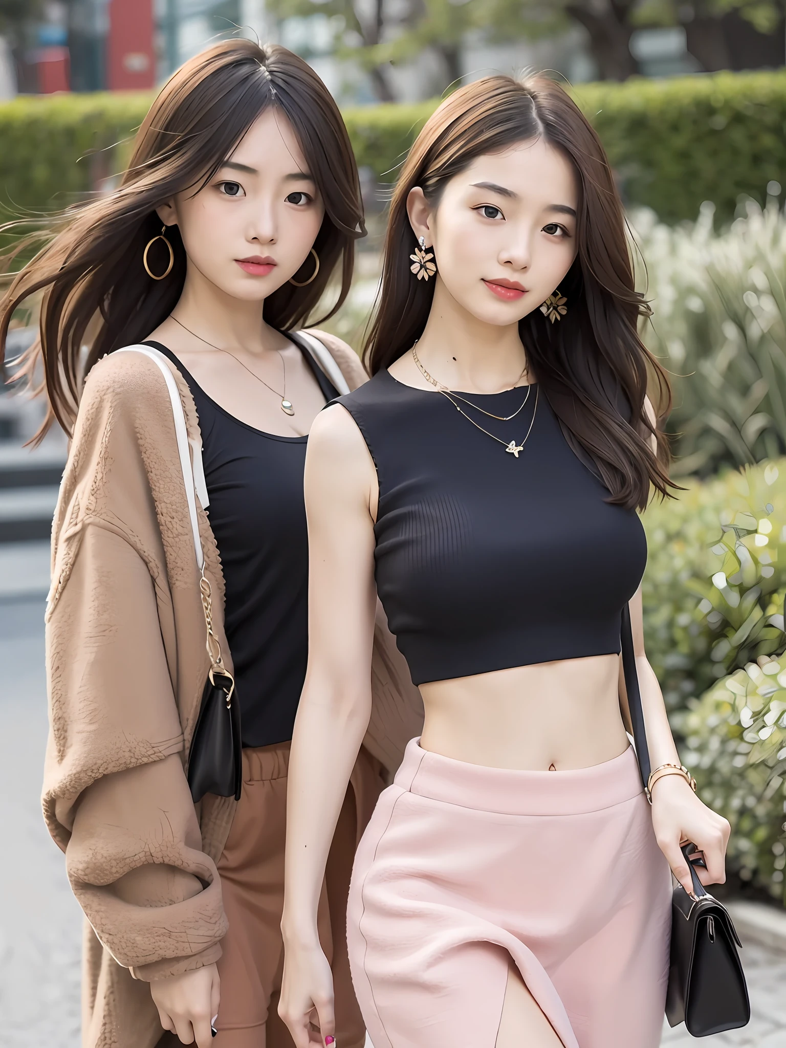 1girl walking on the garden, mix4, solo, tight crop top, (black crop top:1.1), fur trimmed jacket, (brown jacket:1.2), mini skirt, armpit, realistic, necklace, earrings, solo, holding a women bag, handbag,(masterpiece),(photorealistic:1.3), ultra-detailed, (high detailed skin:1.2),(best quality:1.0), (ultra highres:1.0), long hair, blush, (soft glow bloom:0.5)