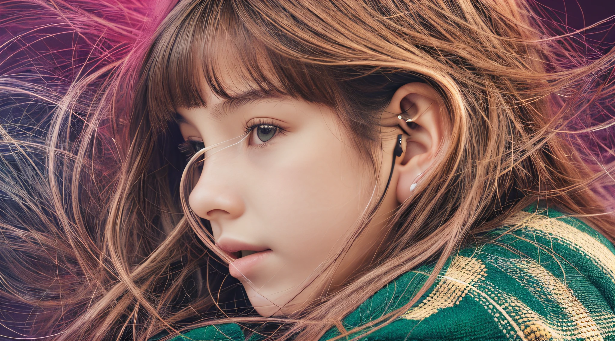 GIRL child 12 years , RUSSO LOIRO cabelos compridos e fones de ouvido , portrait , JAQUETA COURO PRATA, VINIS E CDS fundo GREEN.