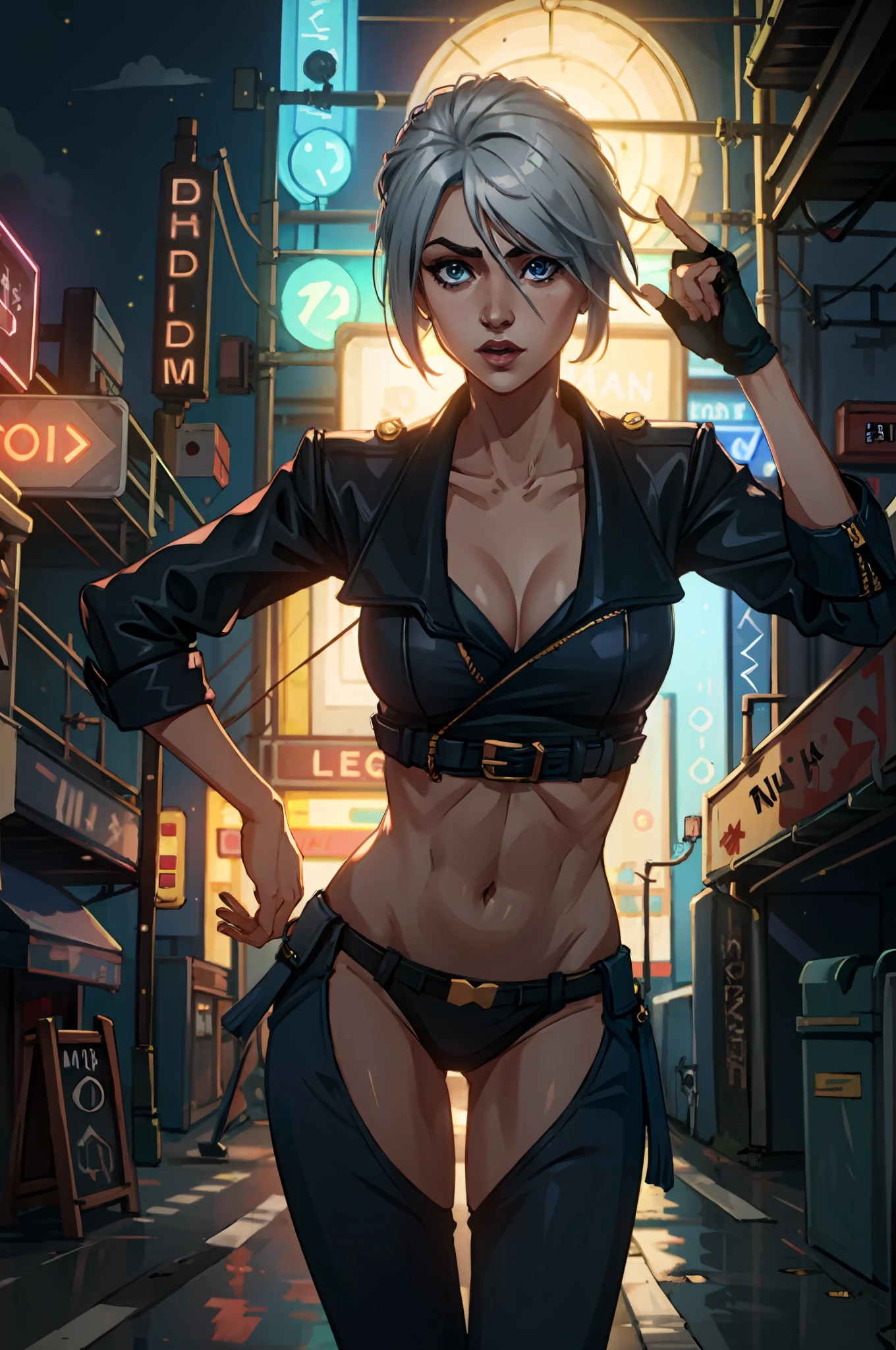 1girl, AngelMS, pechos enormes, caderas anchas, labios gruesos, piernas abiertas, silver hair, on back, city, neon lights