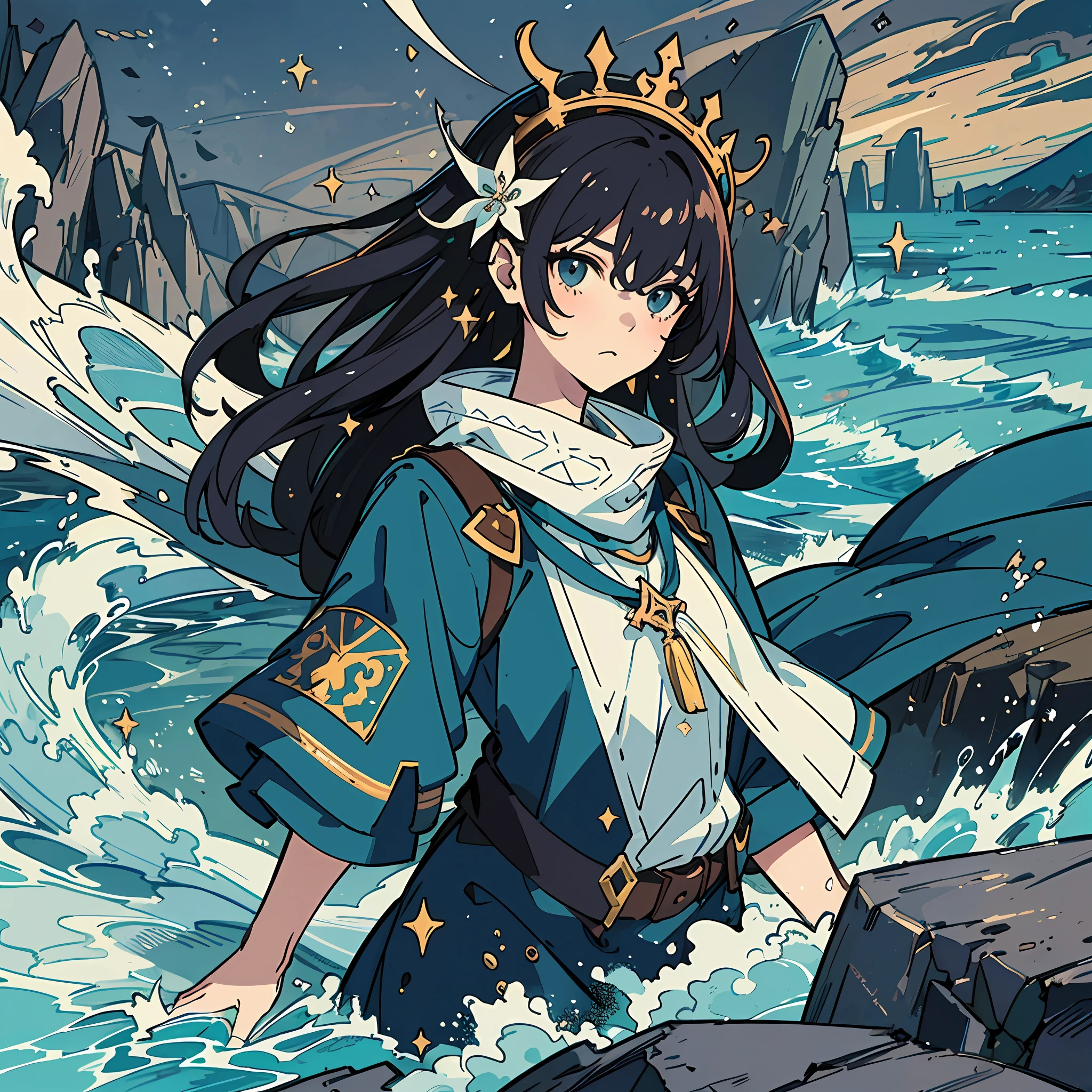 The picture quality will amaze you(Prompt: 8K scenery), The protagonist in the painting is a blackened beautiful girl (Prompt: Beauthful:1.3, the future:1.2, glitters:1.1,A dark-haired:1.1), A faint glow emanated from the sword, The coastline is intertwined with gravel (Prompt: the sea:1.1, swell sea:1.1),The frivolous wind blew the girl's plain clothes (Prompt:Cloth:1.3),The glittering sky contrasts with the hideous rocks (Prompt:daysies:1.1,mont:1.1,naturey:1.2,Blackstone:1.1)