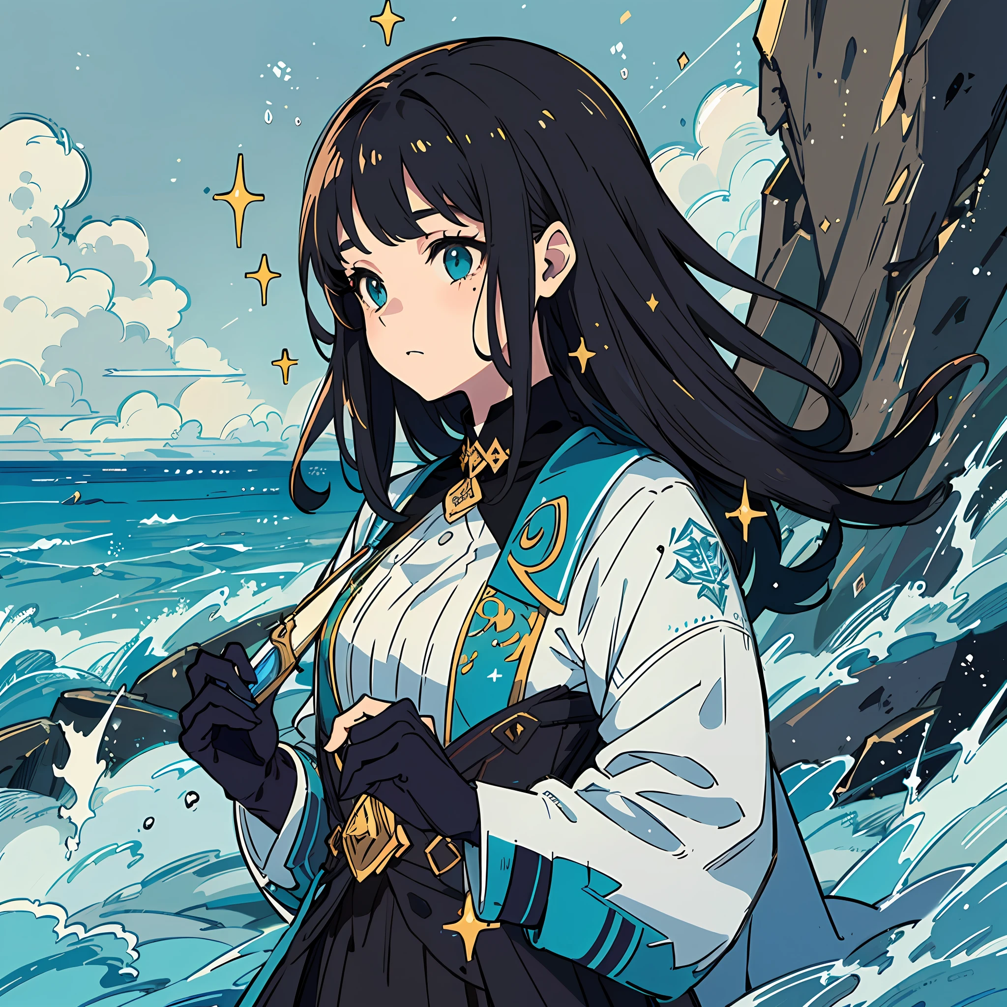 The picture quality will amaze you(Prompt: 8K scenery), The protagonist in the painting is a blackened beautiful girl (Prompt: Beauthful:1.3, the future:1.2, glitters:1.1,A dark-haired:1.1), A faint glow emanated from the sword, The coastline is intertwined with gravel (Prompt: the sea:1.1, swell sea:1.1),The frivolous wind blew the girl's plain clothes (Prompt:Cloth:1.3),The glittering sky contrasts with the hideous rocks (Prompt:daysies:1.1,mont:1.1,naturey:1.2,Blackstone:1.1)