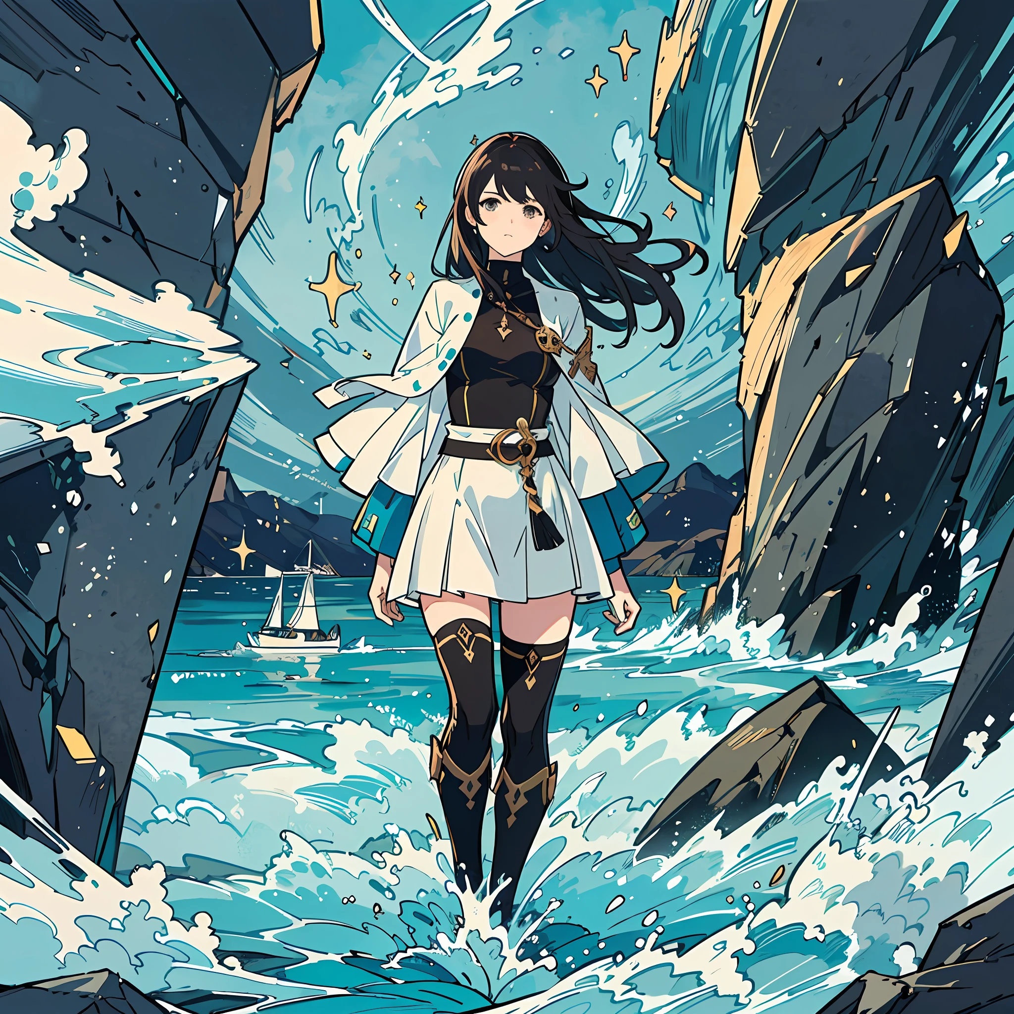 The picture quality will amaze you(Prompt: 8K scenery), The protagonist in the painting is a blackened beautiful girl (Prompt: Beauthful:1.3, the future:1.2, glitters:1.1,A dark-haired:1.1), A faint glow emanated from the sword, The coastline is intertwined with gravel (Prompt: the sea:1.1, swell sea:1.1),The frivolous wind blew the girl's plain clothes (Prompt:Cloth:1.3),The glittering sky contrasts with the hideous rocks (Prompt:daysies:1.1,mont:1.1,naturey:1.2,Blackstone:1.1)