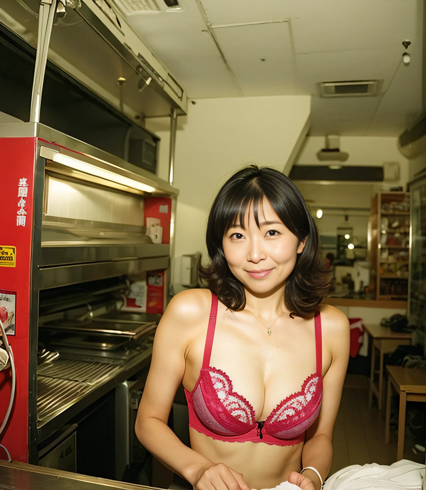 ((beste-Qualit、8K分辨率、Master masterpiece、Portrait:1.3)), photorealisitc, disposable camera, 35㎜ film, 1 Japan Woman, Beautie, 44 years old, Wavy Hair, Wrinkles at the corners of the eyes, Plump body, ((bra very、panties on :1.5)) , (Inside a hot dog stall: 1.3), Jumbled background, Cooking utensils, Lots of hot dogs, Narrow kitchen