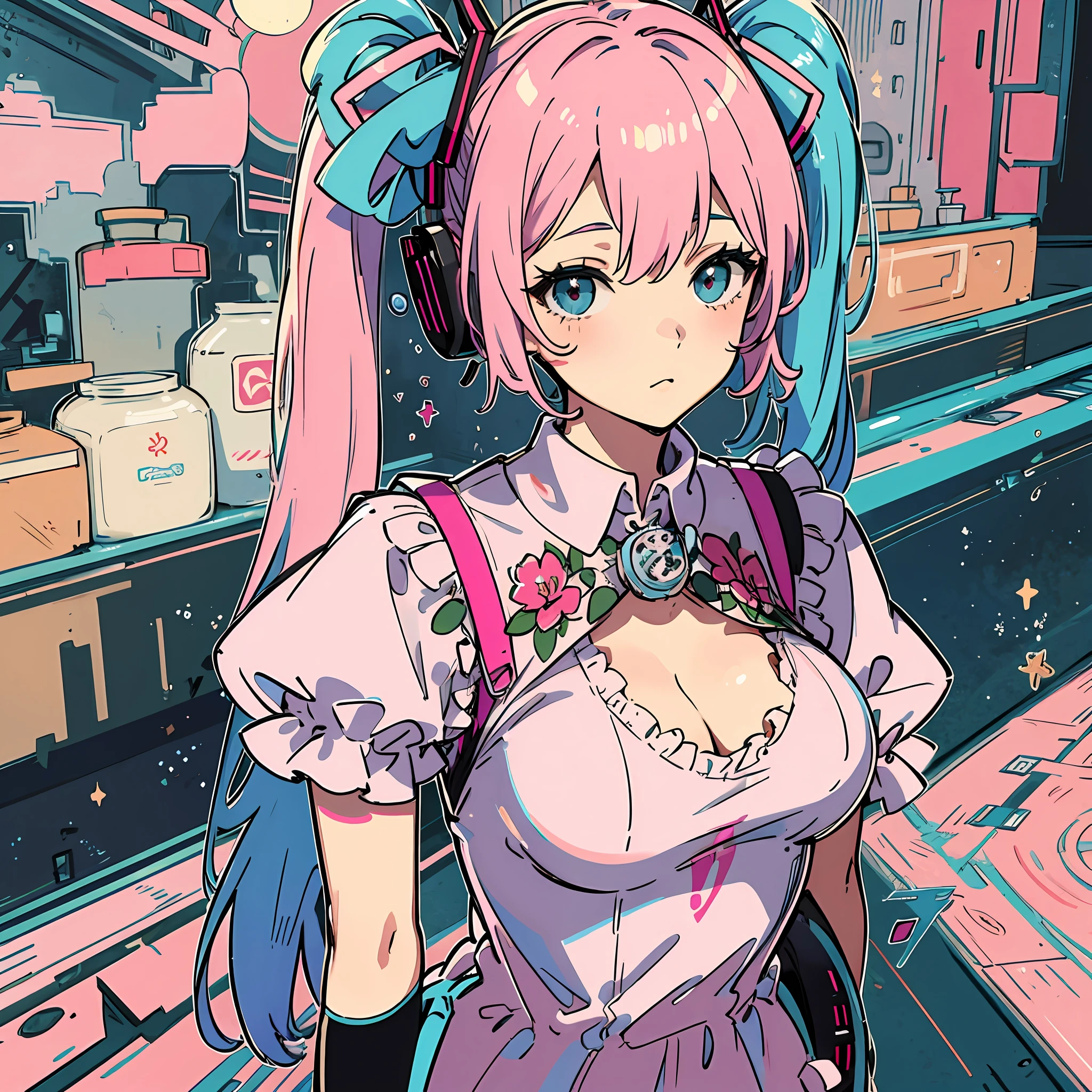 Big breasts Hatsune Miku,Ball head,pink hair,Pink clothes