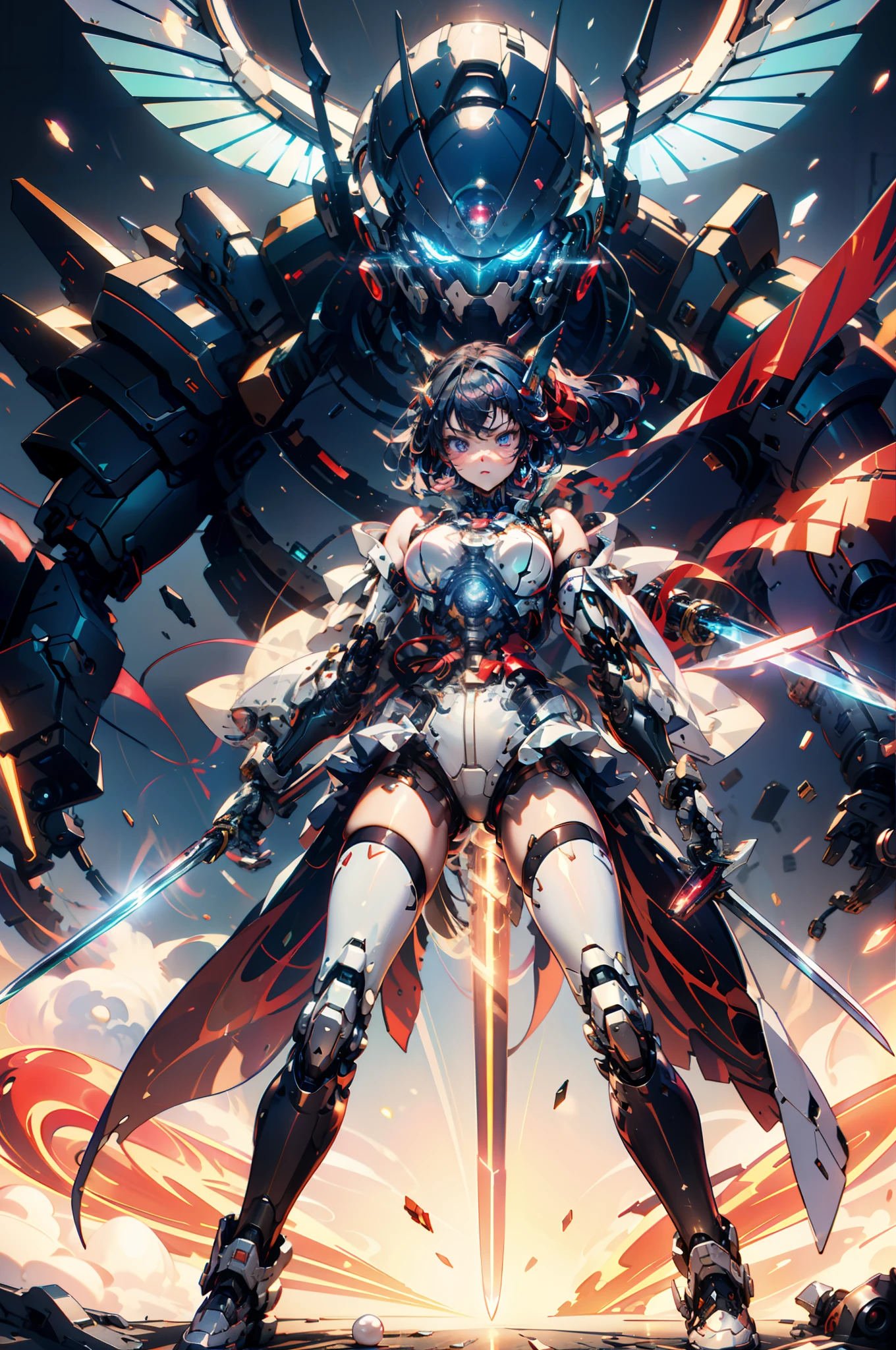 hyper quality, Hyper Detailed,Perfect drawing,Solo, Beautiful Girl, ​master piece, (mecha musume), Mechanical armor, Headgear, mechanical wings, holding huge gunSamurai wielding a sword, Black ponytail, Hair tied up with a large red ribbon, Equipped with two Japan swords ((extra huge oversize cool samurai_sword in hands, extra huge cool weapon machine)), open stance, actionpose,purgatory,