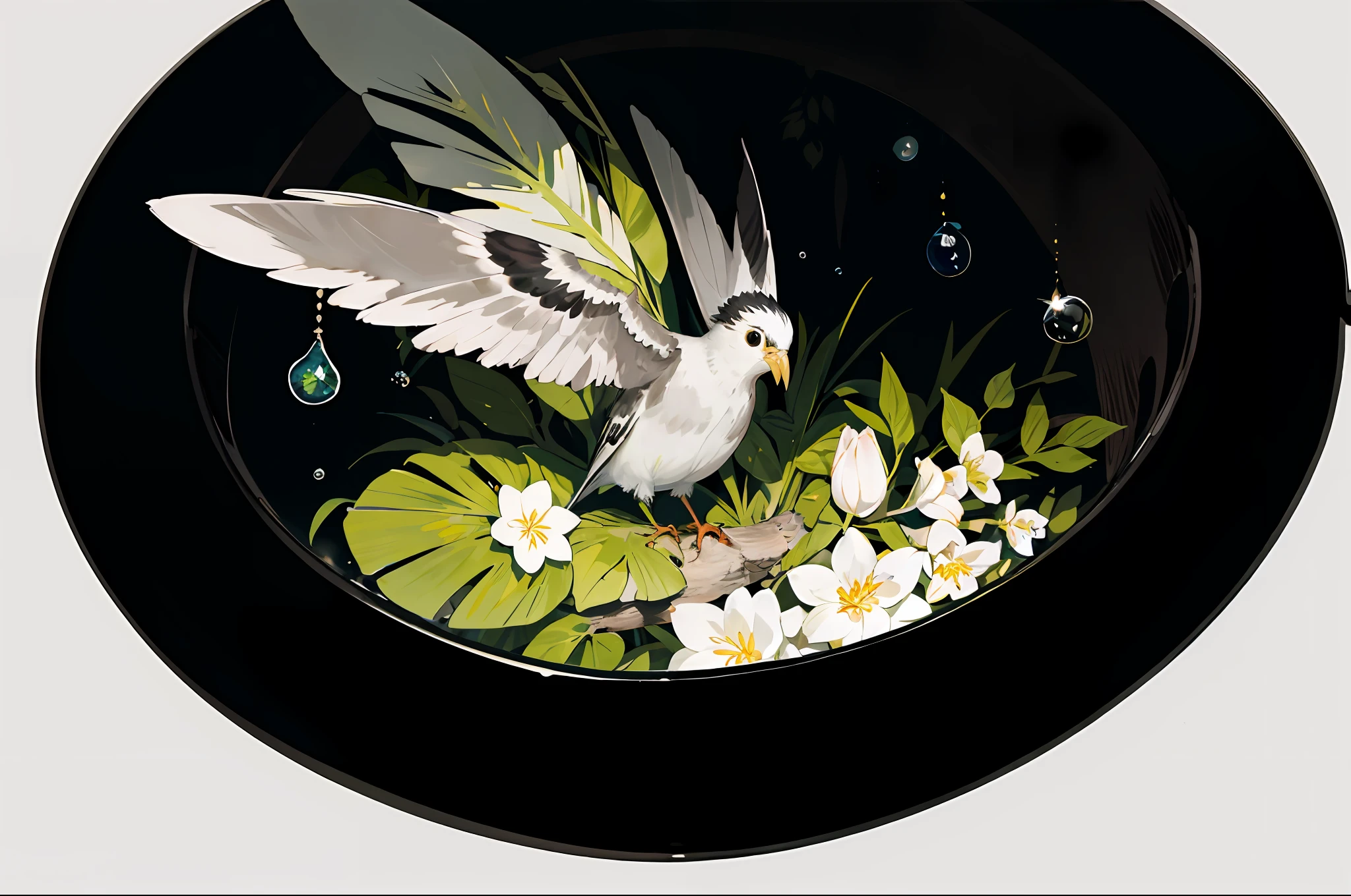 tmasterpiece,Macroscopic photo of a cockatiel bathing in the forest,crepuscular,Cogumelos,dewdrops,highcontrast,In Studio Ghibli style,highly intricate,highly detaile,photo realistic style