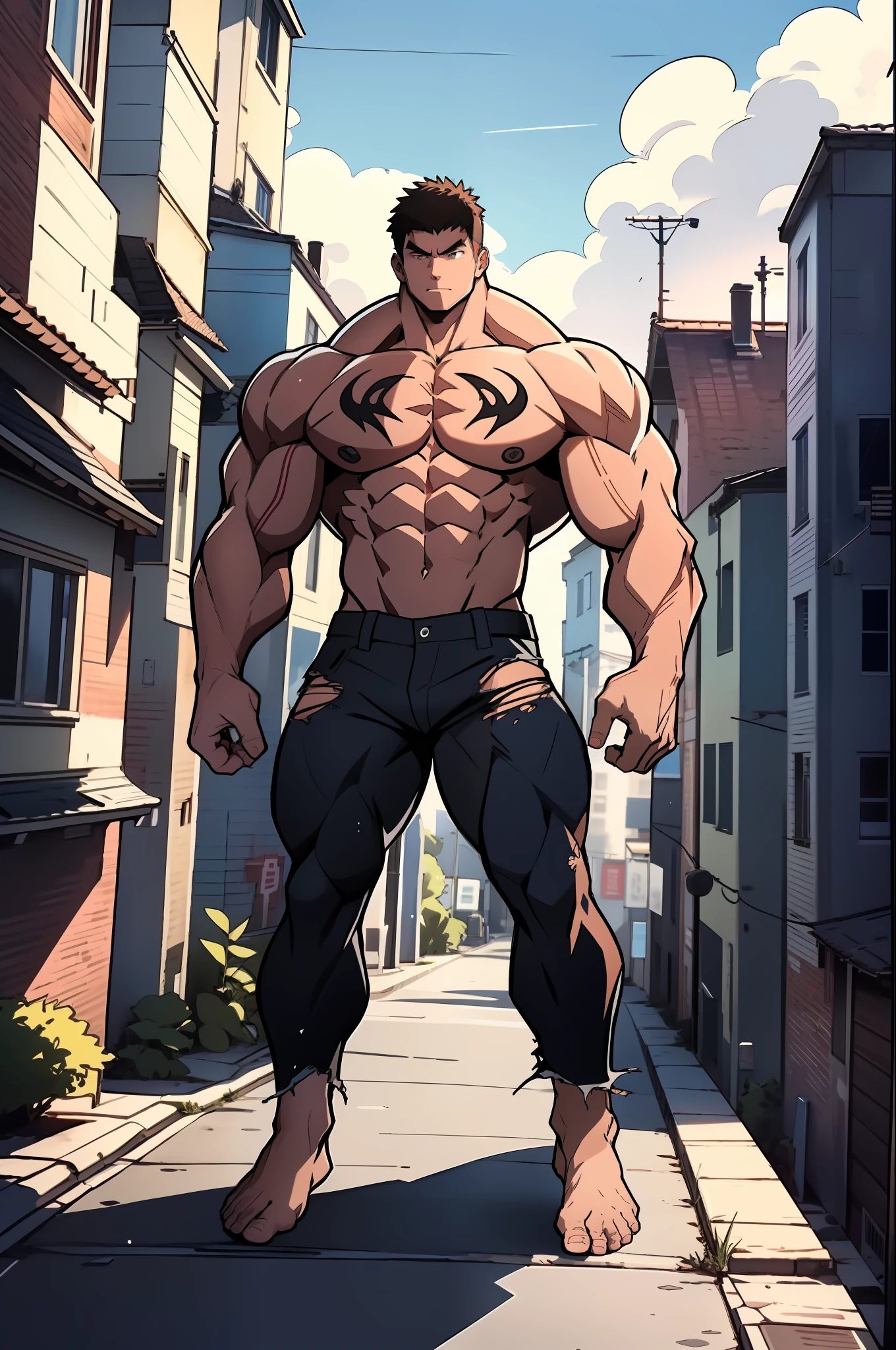 Generate anime-style art with a high-angle shot of a muscular male character with his body facing the camera, THE CHARACTER IS STANDING ON TOP OF A TALL BUILDING, The protagonist must have an extremely muscular body, very tall, similar to that of a bodybuilder. The character must have long dark brown hair and must be shirtless, with a fully torn black pants and must be barefoot and must have tribal marks on his body. The image should depict the character's entire body, focusing on his intimidating posture. The protagonist must exude strength and dominance, displaying a powerful presence. The scene should feature only the muscular character, THE CHARACTER SHOULD BE ON TOP OF A BUILDING SHOWING A LARGE CITY BELOW HIM