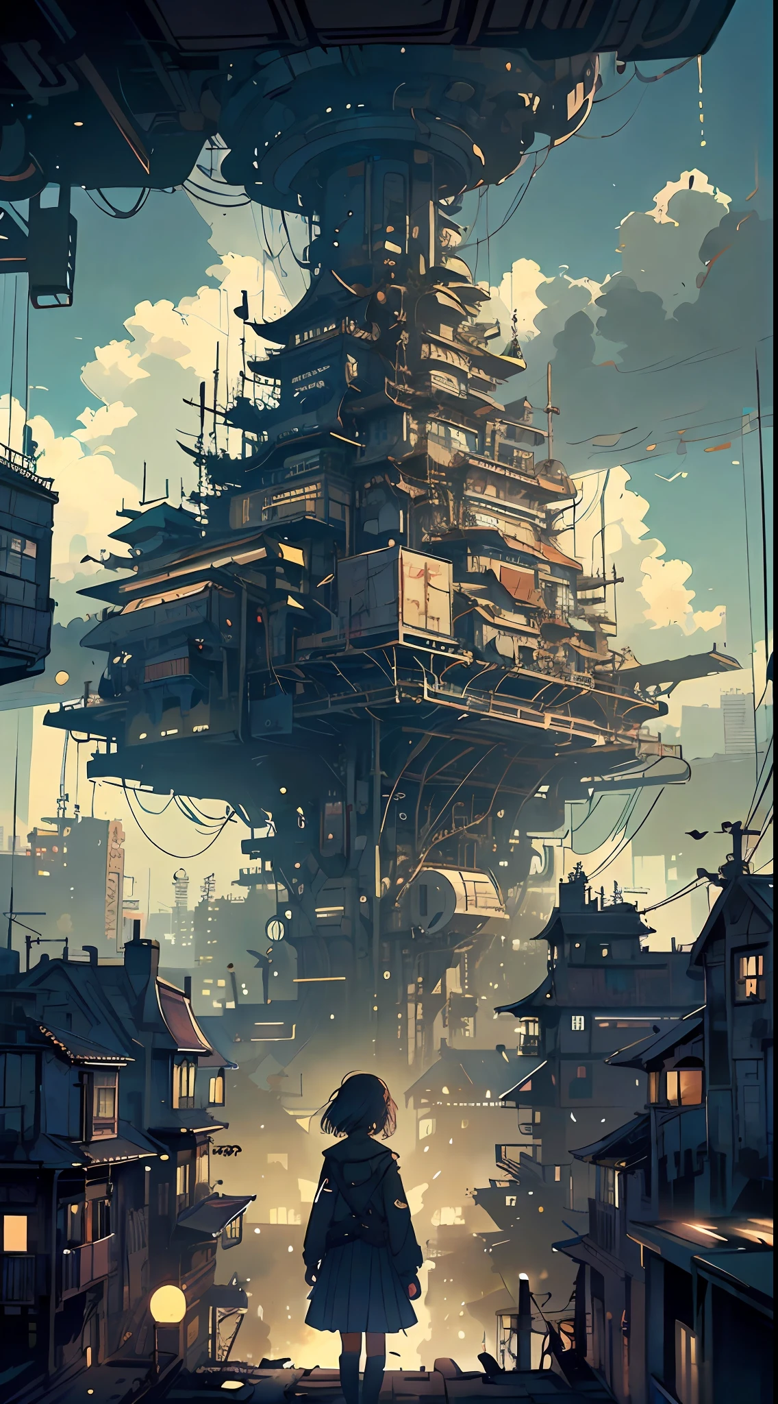 A ray of hope in a dystopia、A girl wanders into a dark Chinese skyscraper、One littlck in the back center of the screen、Very complex cityscape、A devastated world、Pulling composition、industrial、High-definition depiction、A city lined with electric wires、Magic Hour、Make a story with 4 sheets