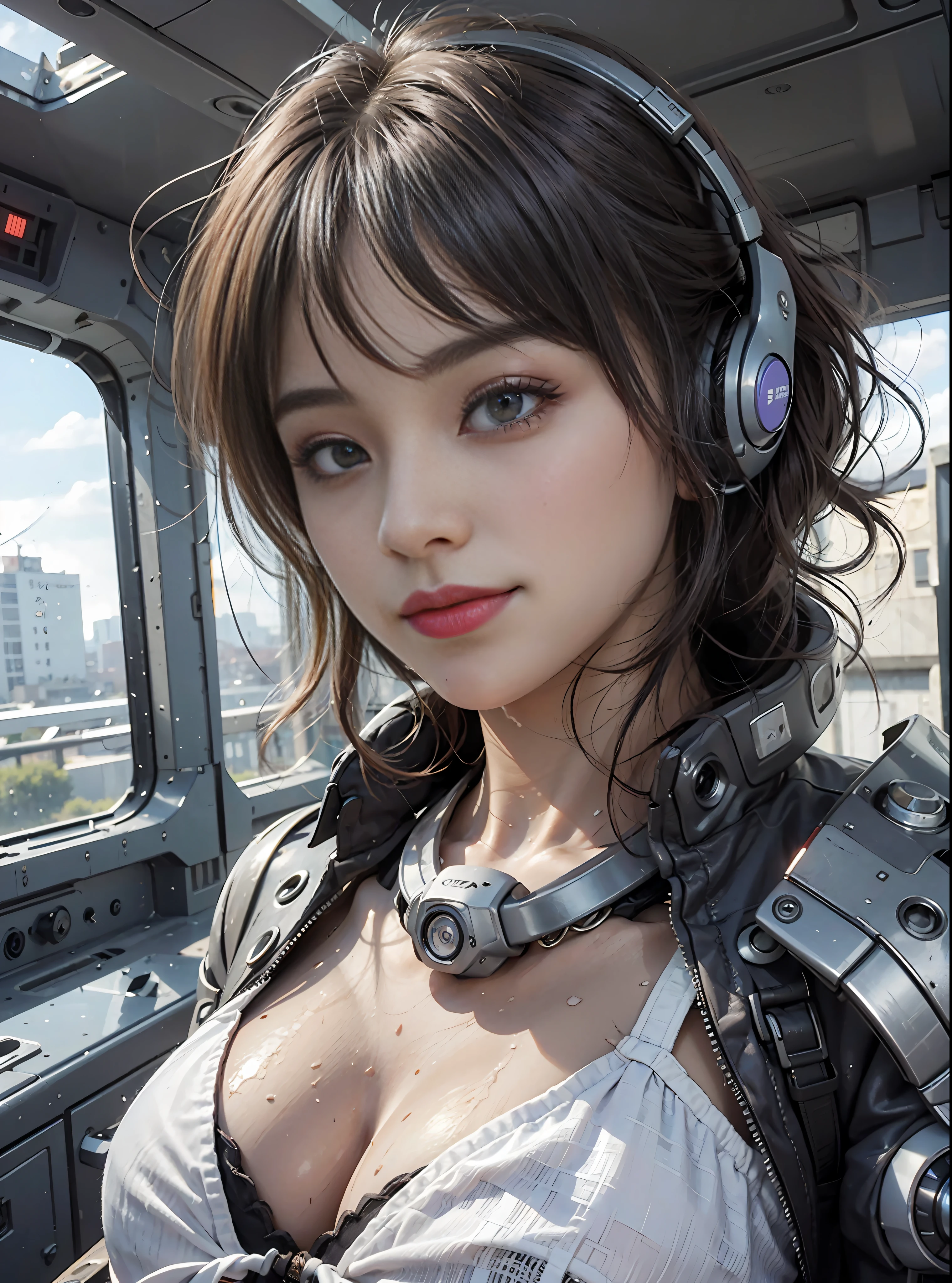 8K, Best quality, masute piece, ultra-high-resolution, (Realism: 1.4), Girl in Futuristic Combat Suit, (purple-eyed), ((Luminous Eyes)), in the cockpit of mecha, Real Woman, Cleavage, Real Face, Cute girl, smile, perfect cyborg girl wearing sci-fi headphones, a  beautiful female , Beautiful girl cyborg, Black-haired, Wet hair、manipulator, rkgk,