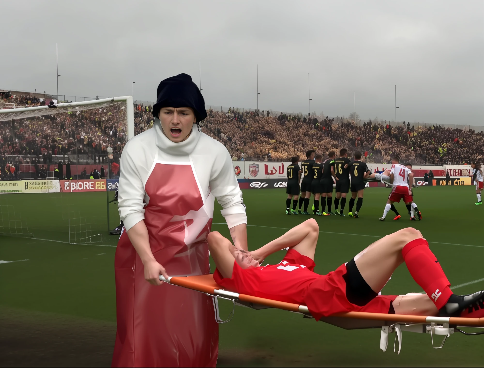 a soccer scene in a ukrainian sports stadium, cool and wet weather conditions, humide ground, rainy sky, injury scene in a sports stadium, stretcher carry, thereis an ukrainian female medic in a wet rubberapron carrying a stretcher, there is an ukrainian female medic in a very shiny rubber apron carrying a stretcher in a sports stadium, there is a wounded male soccer player in a matte short cotton sports outfit lying on the stretcher, an injured male soccer player in matte cotton sportswear is lying in pain on a stretcher, a soccer player in matte cotton sports clothes is rearing up in intense pain while lying on a stretcher, dramatic scene, theatralic posing scene, dramatic pity scene, injury soccer, first aid, help, pity, there is an ukrainian female medic in a wet shiny rubber-apron who is looking very sad and very terrified and very shocked, the injured soccer player is screaming out in pain while he is carried from the pitch on a stetcher