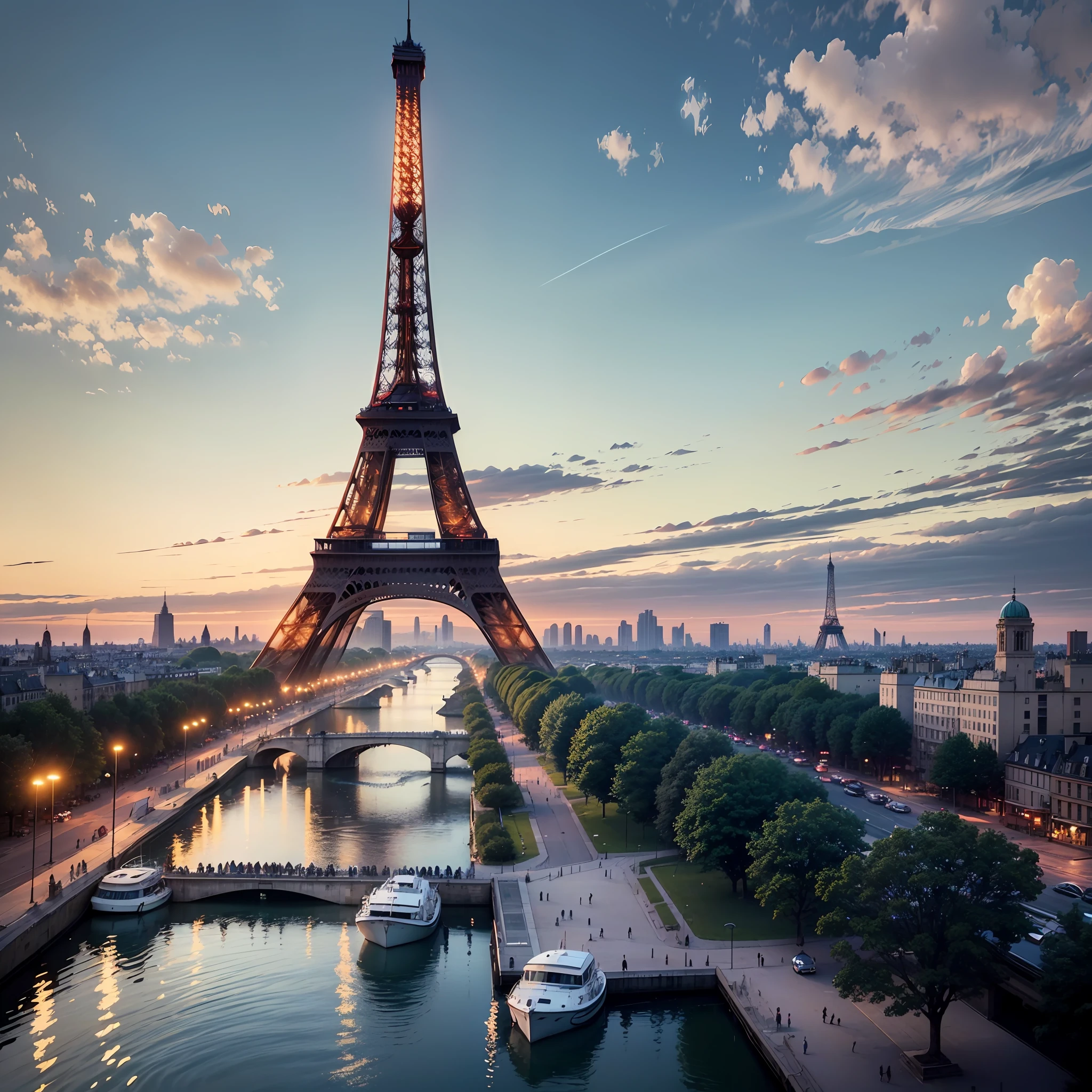 This image should portray the Eiffel Tower in a light that conveys the message of sheer power and grandeur. Artists such as Claude Monet, Pierre-Auguste Renoir, and Alfred Sisley all depicted grand scale engineering works similar to the Eiffel Tower in their own work. An expert art critic might describe this image as possessing an atmosphere of wonder and awe, with the sheer size of the tower standing tall and proud above the bustling cityscape below. Creative thought can be put into this image by including objects like a vibrant red hot air balloon that stands in stark contrast to the sleek steel of the tower, along with two small sailboats floating along the river that winds through the city. The image should be framed in a 16:9 aspect ratio and the foreground should be the focus, set against a dreamy light-blue sky and billowing white clouds, to bring out the beauty of the tower and the small boats. The style should be that of impressionist art, with softer lines and pastel colors which best portray the tranquil yet awe-inspiring beauty of the Eiffel Tower. --auto --s2