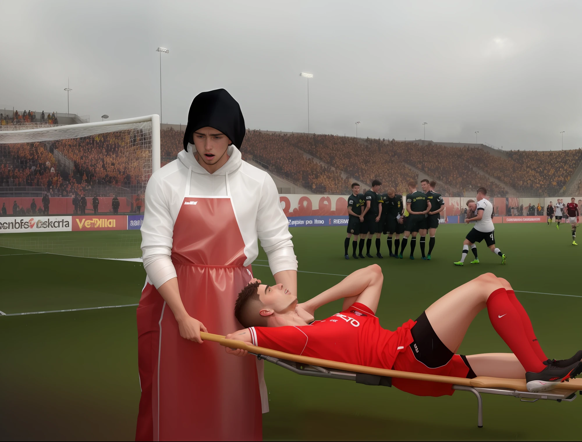 a soccer scene in a ukrainian sports stadium, cool and wet weather conditions, Nasser Boden, Regenhimmel, Verletzungsszene in einem Sportstadion, Tragen auf einer Trage, There is a Ukrainian paramedic in a wet rubber apron, who carries a stretcher, There is a Ukrainian paramedic in a very shiny rubber apron, wearing a stretcher in a sports stadium, there is a wounded male soccer player in a matte short cotton sports outfit lying on the stretcher, an injured male soccer player in matte cotton sportswear is lying in pain on a stretcher, A football player in sportswear made of matt cotton rears up with severe pain, while lying on a stretcher, Dramatische Szene, theatralische Posing-Szene, Dramatische Mitleidsszene, injury soccer, Erste Hilfe, Hilfe, Mitleid, There is a Ukrainian paramedic in a wet, shiny rubber apron, who looks very sad and very scared and very shocked, The injured footballer screams in pain, while being carried off the pitch on a stetcher