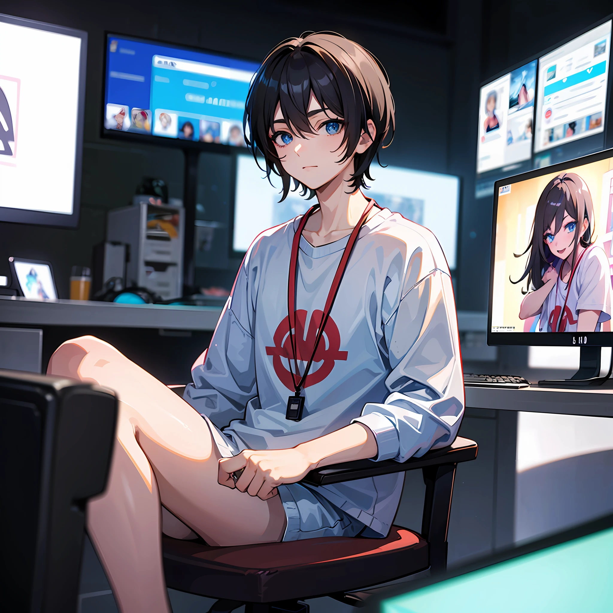 Best quality: 1.0), (Super High Resolution: 1.0), Anime boy, short black hair, blue eyes, sitting in front of computer playing games, background in esports room, --auto