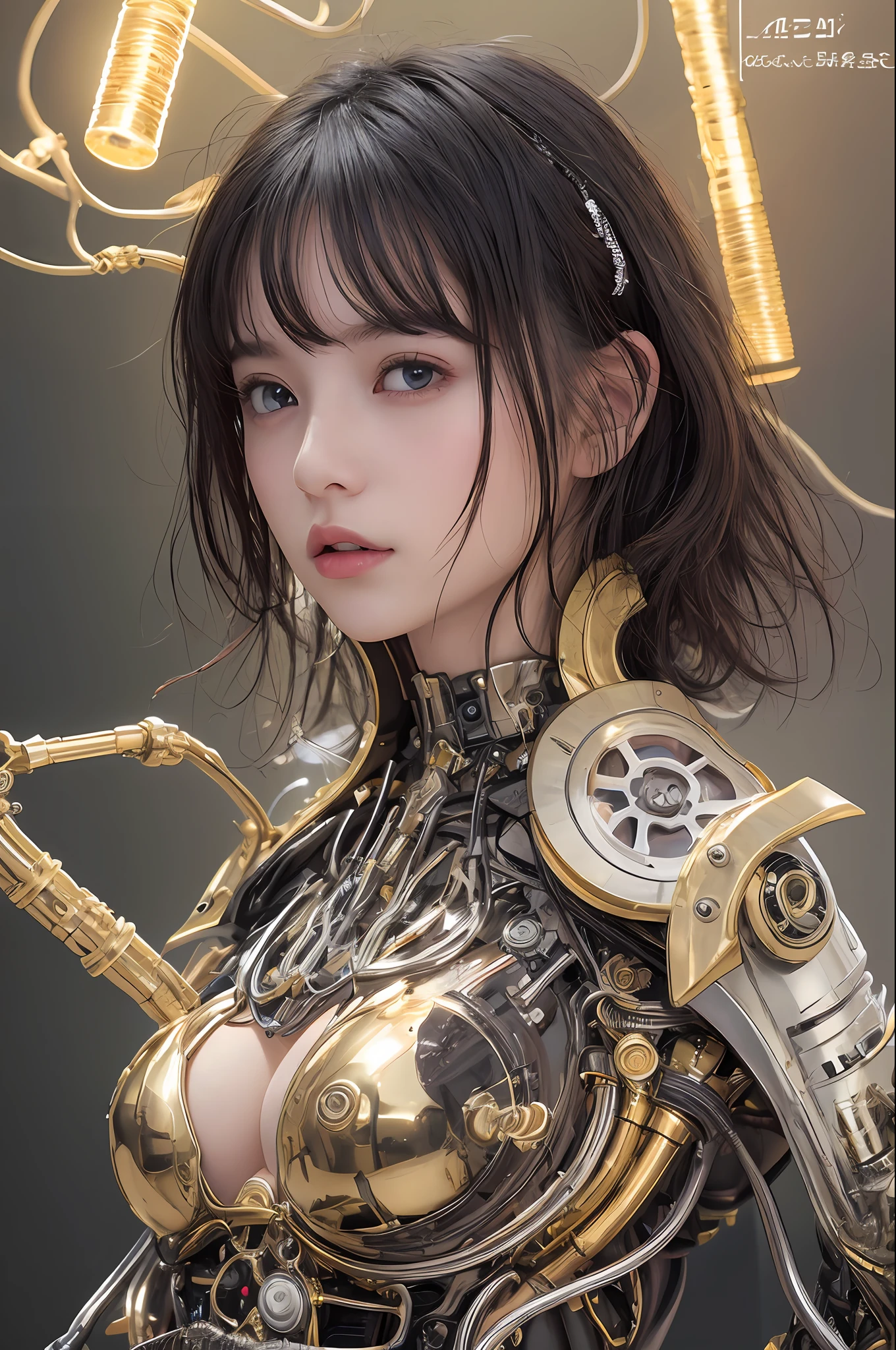 beste-Qualit、masterpiece、Super-High Resolution、(photorealisitc:1.4)、Raw photo、1人、Black hair、glowy skin、Steampunk Girl、((Ultra Realistic Detail))、portlate、Global Illumination、Shadow、octan render、in 8K、ultrasharp、hugetits、Raw skin is exposed in cleavage、metals、Details of complex ornaments、Gothloli details、Luminous tube、Analog Meter、Golden hydraulic cylinder、highly intricate detail、Realistic light、CGSoation Trends、purple-eyed、radiant eyes、Facing the camera、neon details、Mechanical limbs、blood vessels connected to tubes、Mechanical vertebrae attached to the back、mechanical cervical attaching to neck、sitting on、Wires and cables connecting to the head、Small LED lamp、