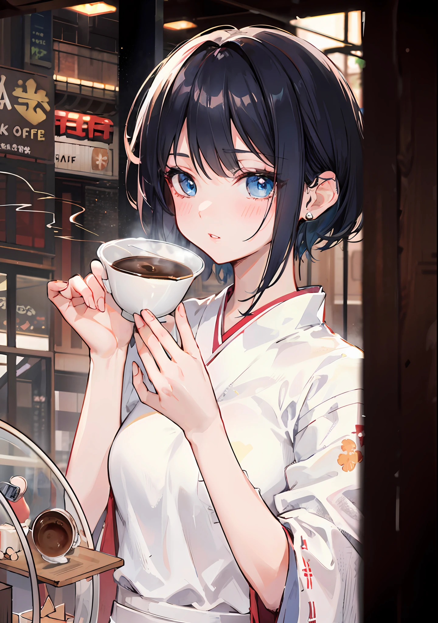 realistic, 8k, high quality, cinematic lighting, anime girl, short hair, bangs, parted lips, blush, outdoor, park, coffee, medium breast, kimono outfit,