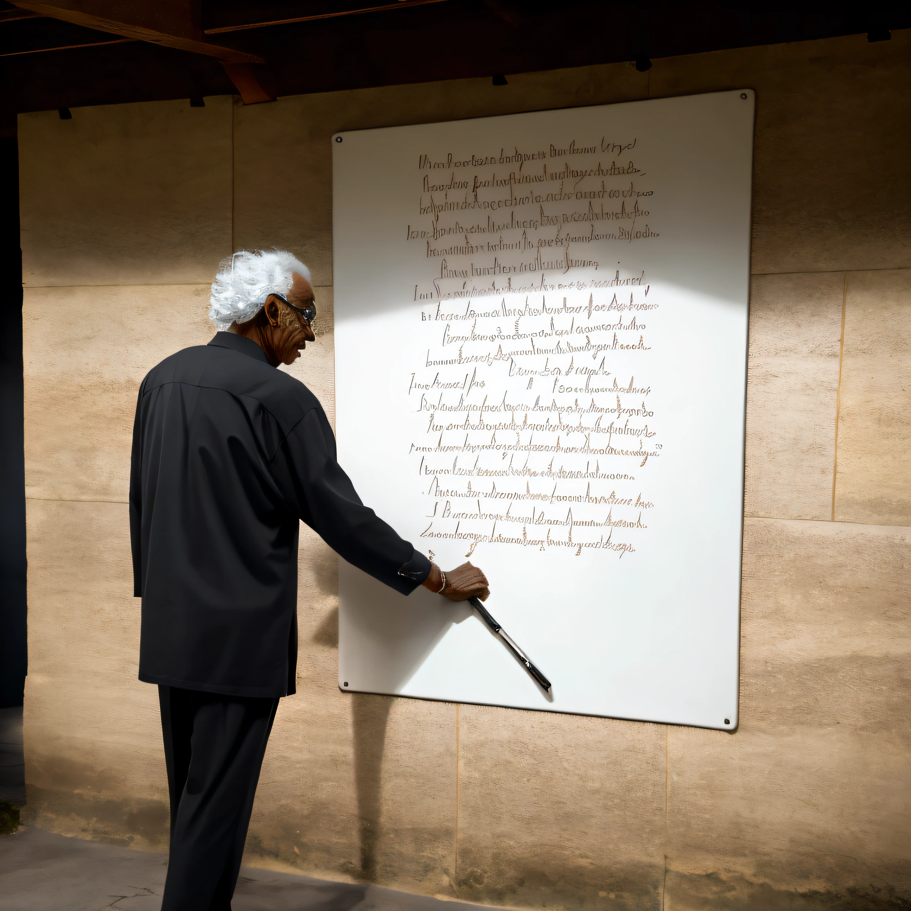 Um homem velho, negro, sentado em uma pedra, vestido com roupas antigas, olhando para se lado esquerdo, tendo ao fundo, a large board, where a poem is written, cinematico, ultrarrealistico, 4k