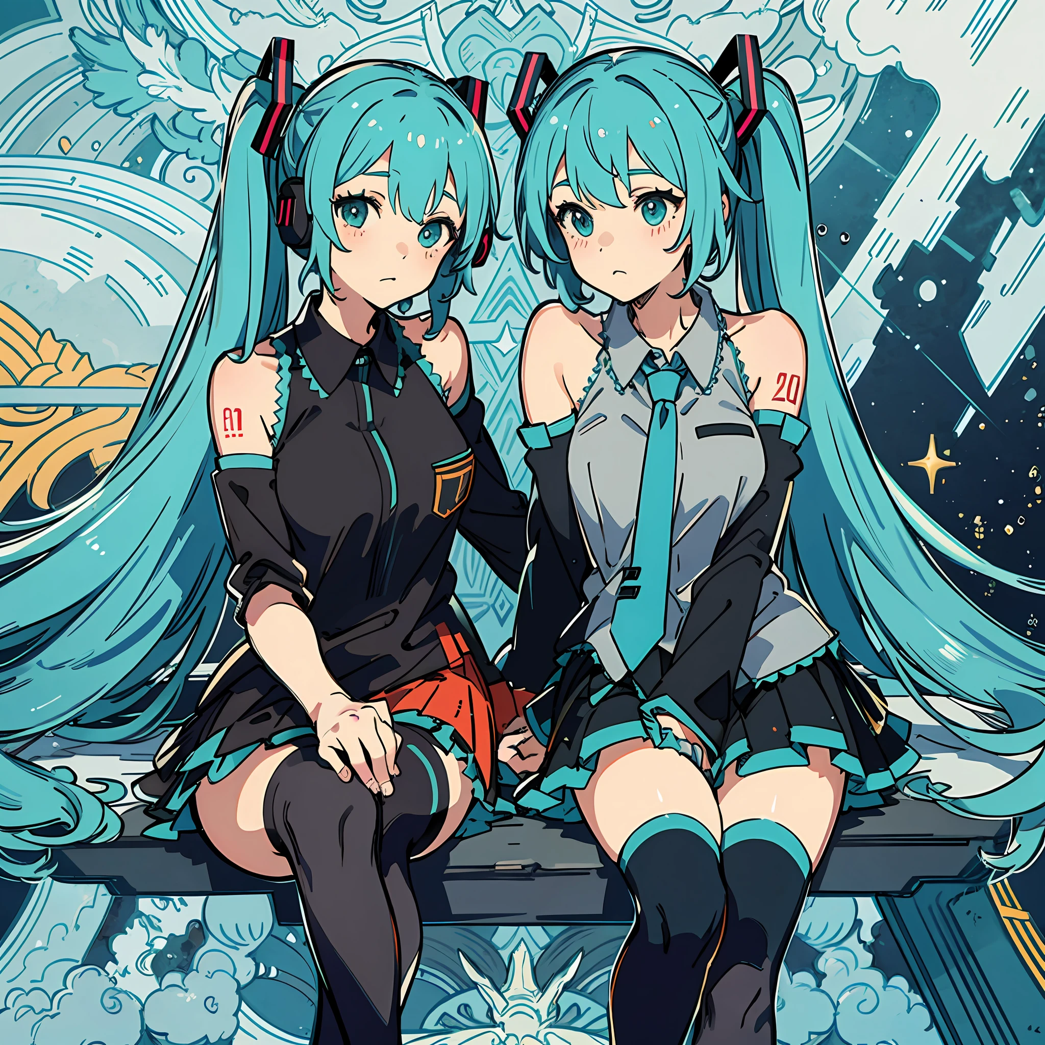 2girls，On the left is Hatsune Miku，On the right is Ganyu