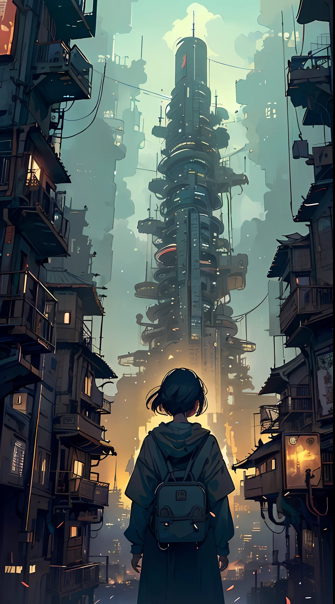 A ray of hope in a dystopia、A young girl wanders into a dark Chinese skyscraper、One little girl's back in the back center of the screen、Very complex cityscape、A devastated world、Pulling composition、industrial、High-definition depiction、A city lined with electric wires、Magic Hour、Make a story with 4 sheets